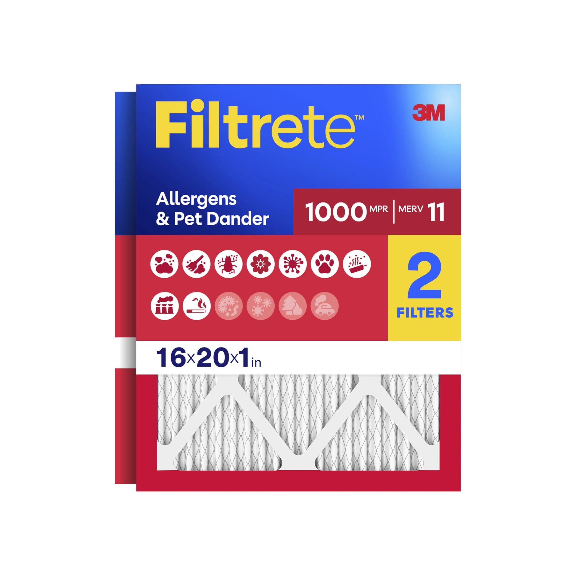 Filtrete 16x20x1 HVAC Furnace Air Filter, MPR 1000 MERV 11, Allergens & Pet Dander, 2 Pack