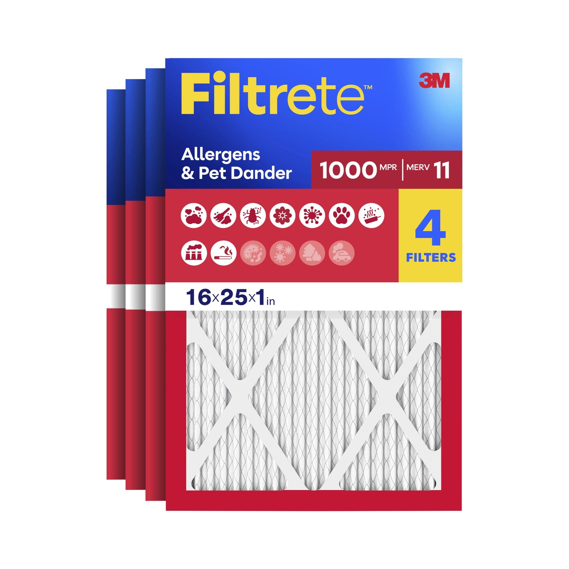 Filtrete 16x25x1 Air Filter, MERV 11, MPR 1000, Allergens & Pet Dander, 3-Month AC and Furnace Filters, Cleaner Air, Reliable Airflow, 2 HVAC Filters (Actual Size 15.68 x 24.68 x 0.81 in)