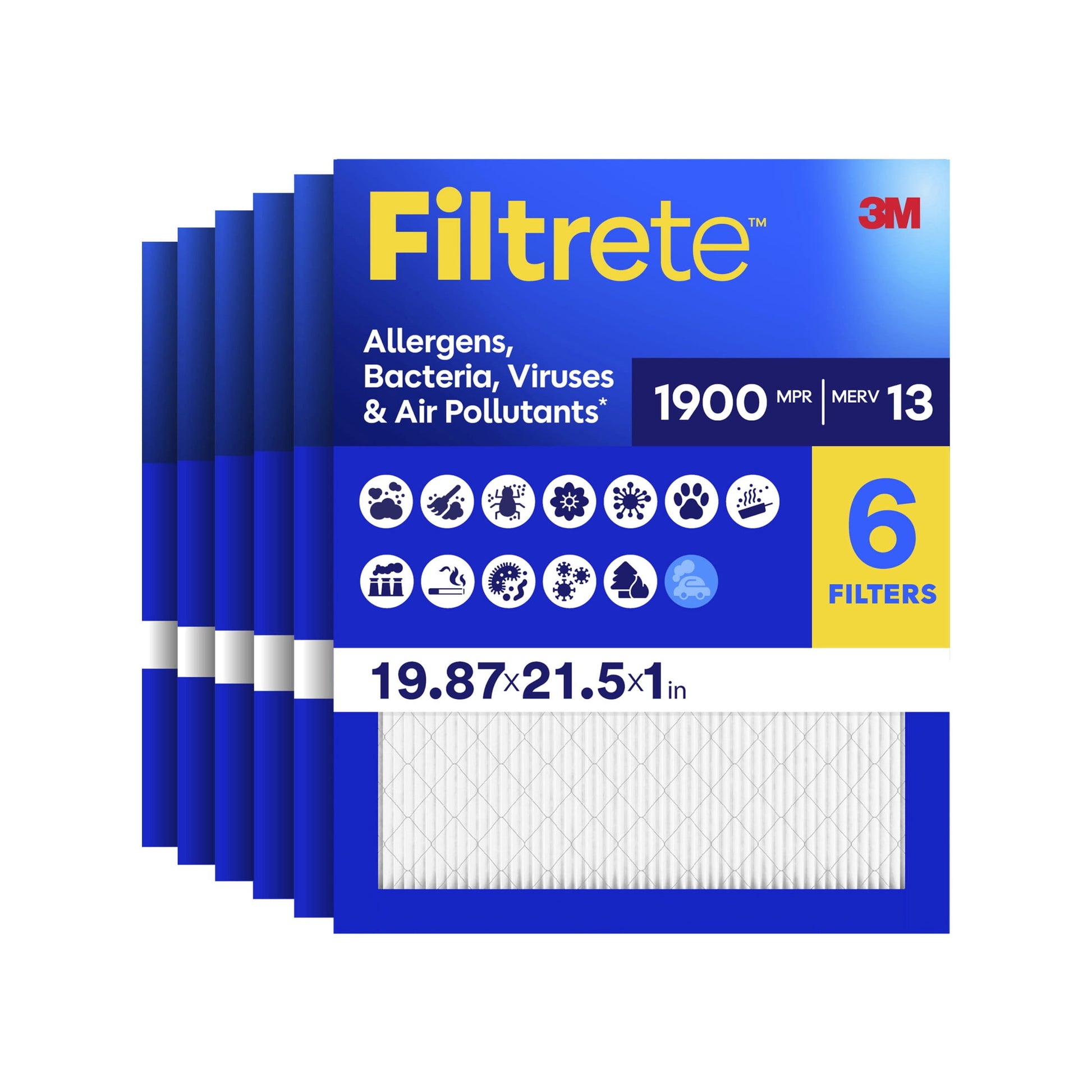 Filtrete 19.875x21.5x1 HVAC Furnace Air Filter, MPR 1900 MERV 13, Allergens Bacteria, Viruses & Air Pollutants, 6 Pack