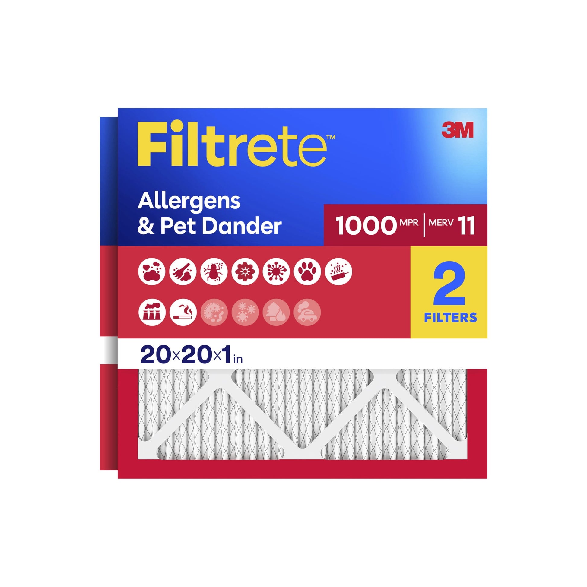 Filtrete 20x20x1 Air Filter, MERV 11, MPR 1000, Allergens & Pet Dander, 3-Month AC and Furnace Filters, Cleaner Air, Reliable Airflow, 2 HVAC Filters (Actual Size 19.68 x 19.68 x 0.81 in)