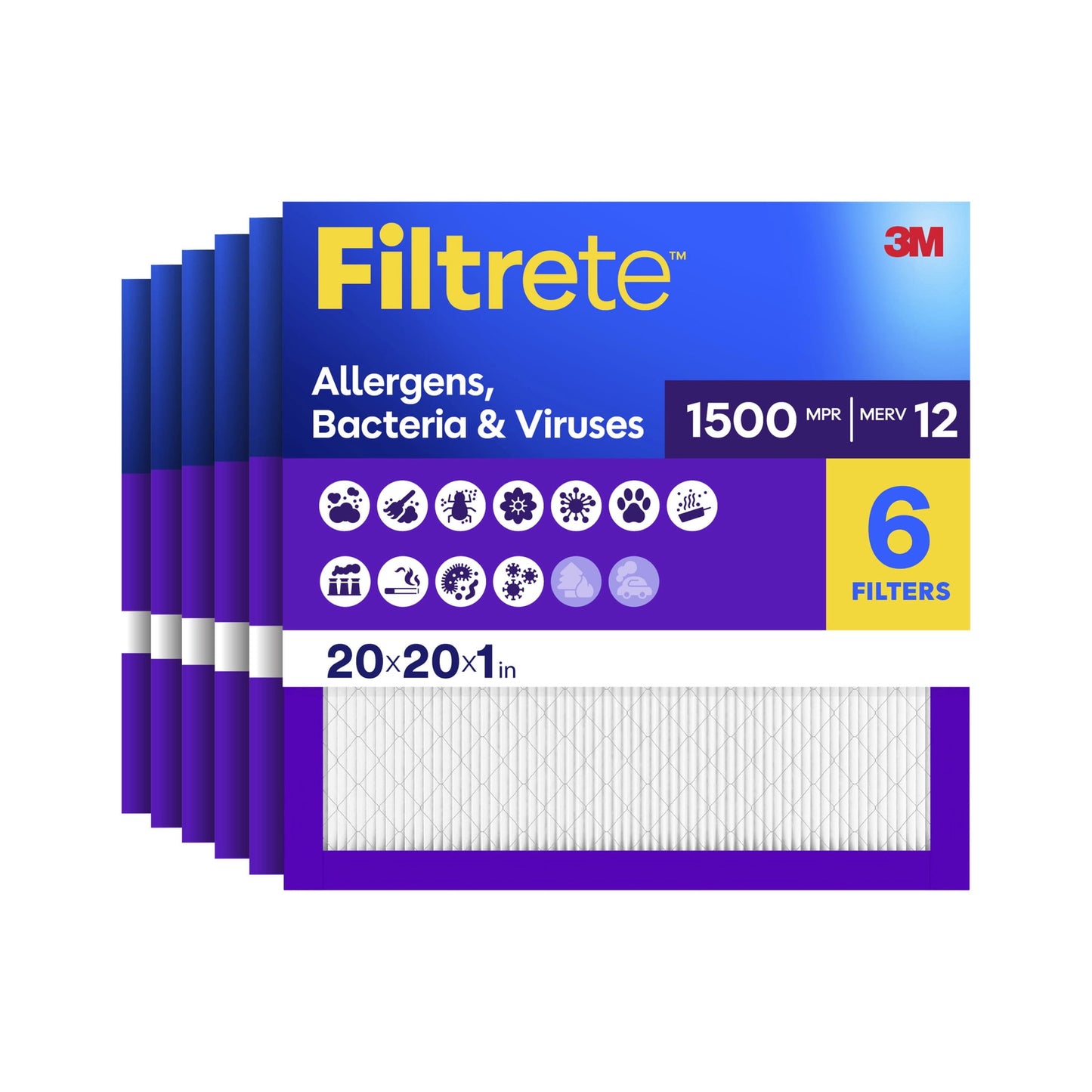Filtrete 20x20x1 HVAC Furnace Air Filter, MPR 1500 MERV 12, Allergens, Bacteria & Viruses, 6 Pack