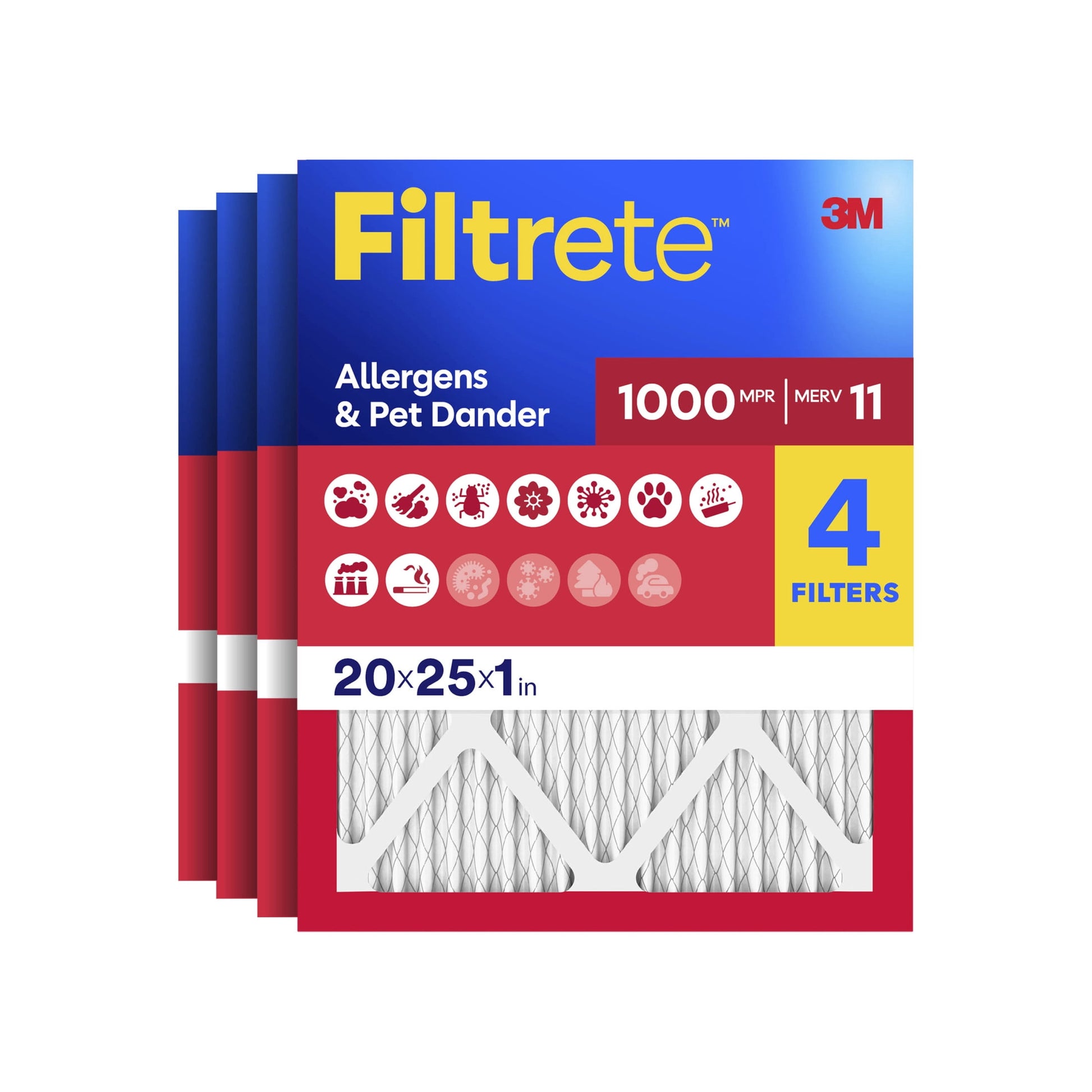 Filtrete 20x25x1 HVAC Furnace Air Filter, MPR 1000 MERV 11, Allergens & Pet Dander, 4 Pack