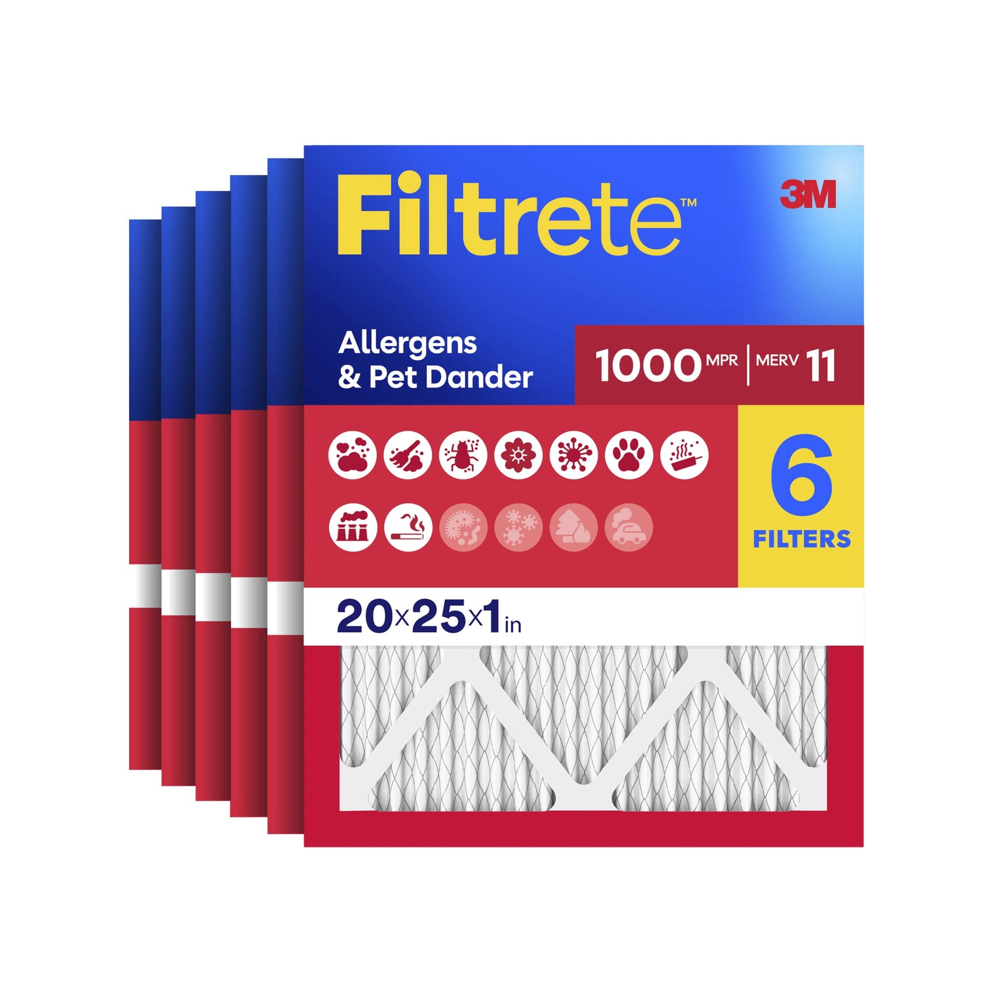 Filtrete 20x25x1 HVAC Furnace Air Filter, MPR 1000 MERV 11, Allergens & Pet Dander, 6 Pack
