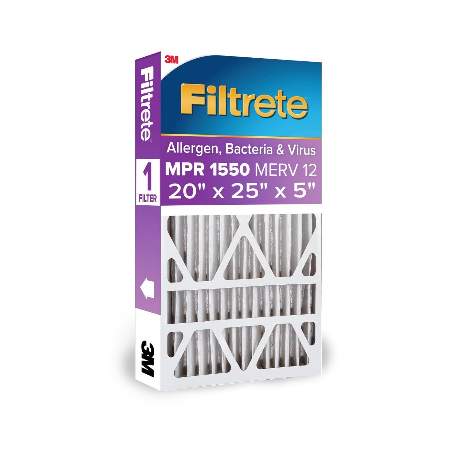 Filtrete 20x25x5 HVAC Furnace Air Filter, MPR 1550 MERV 12, Allergens, Bacteria & Viruses, 1 Filter