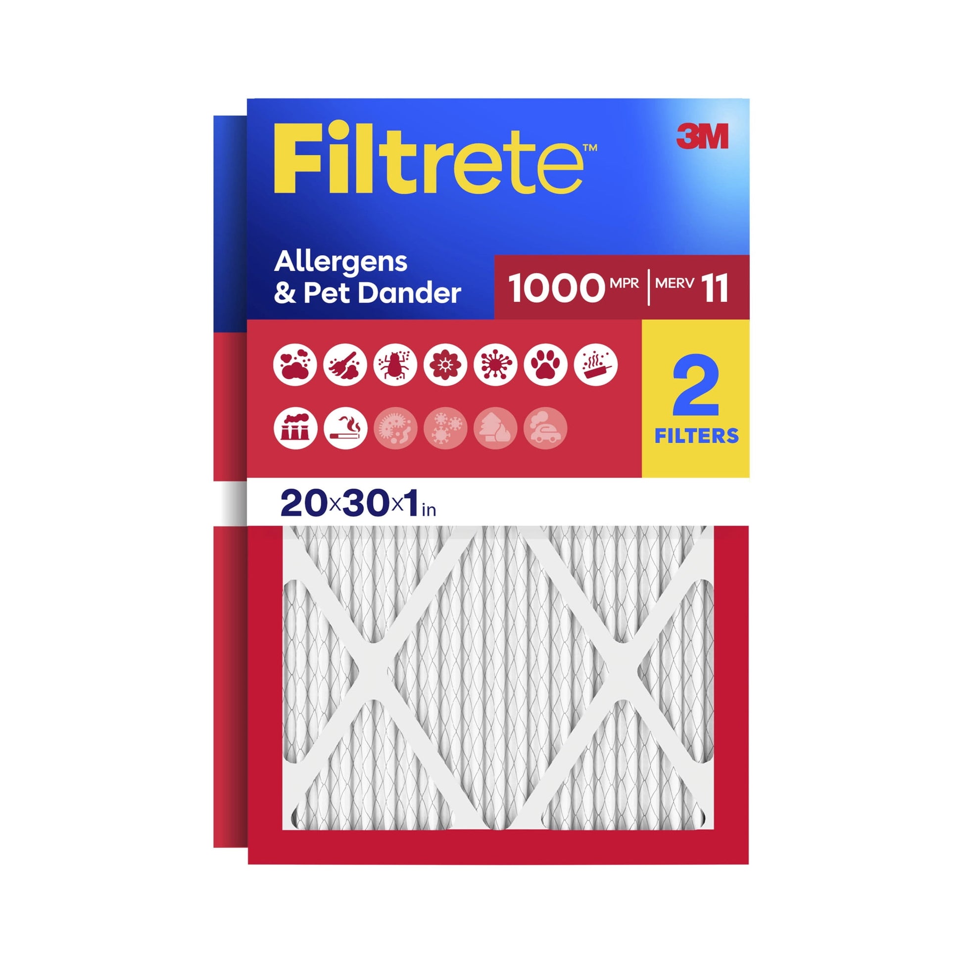 Filtrete 20x30x1 HVAC Furnace Air Filter, MPR 1000 MERV 11, Allergens & Pet Dander, 2 Pack