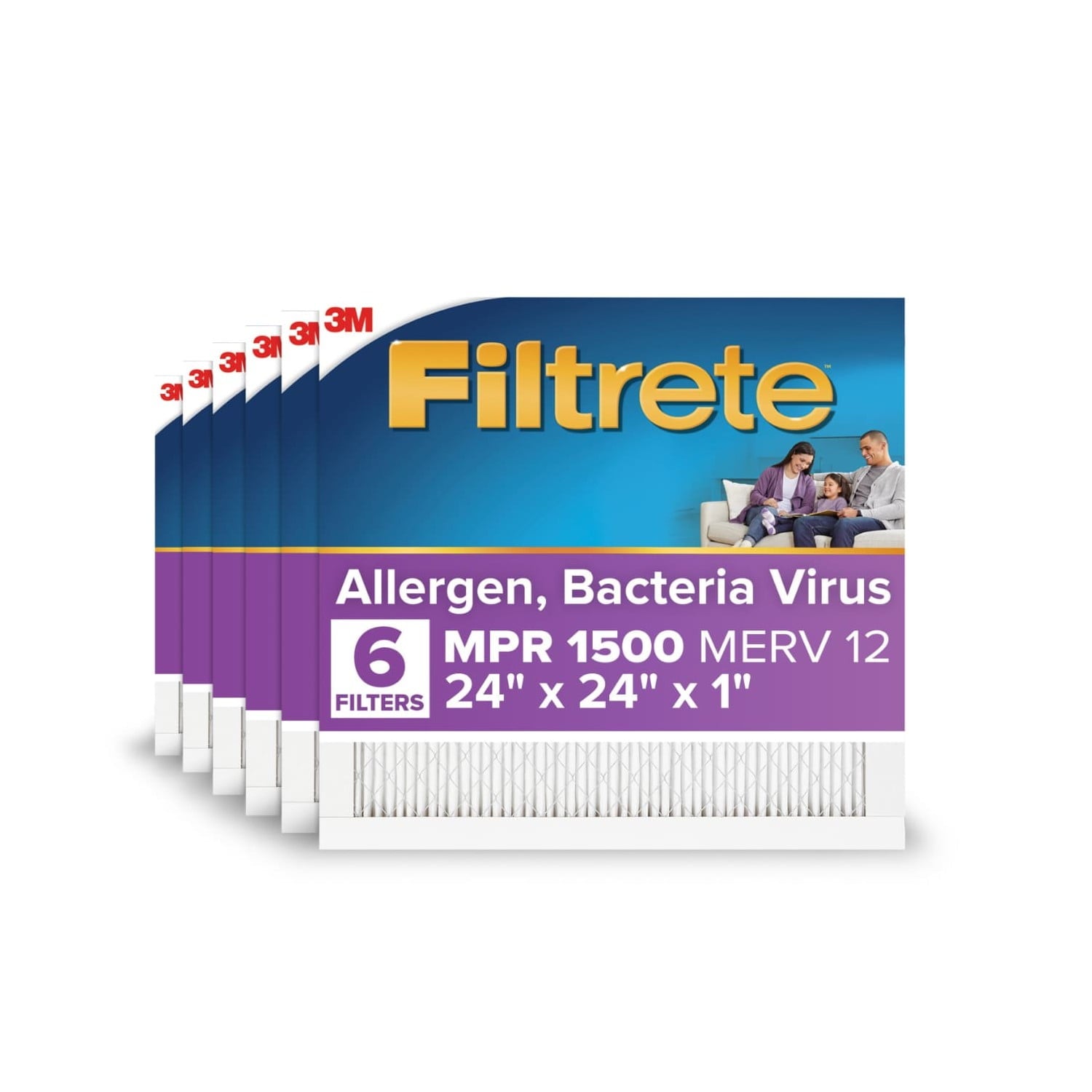 Filtrete 24x24x1 HVAC Furnace Air Filter, MPR 1500 MERV 12, Allergen, Bacteria, Virus, 4 Pack