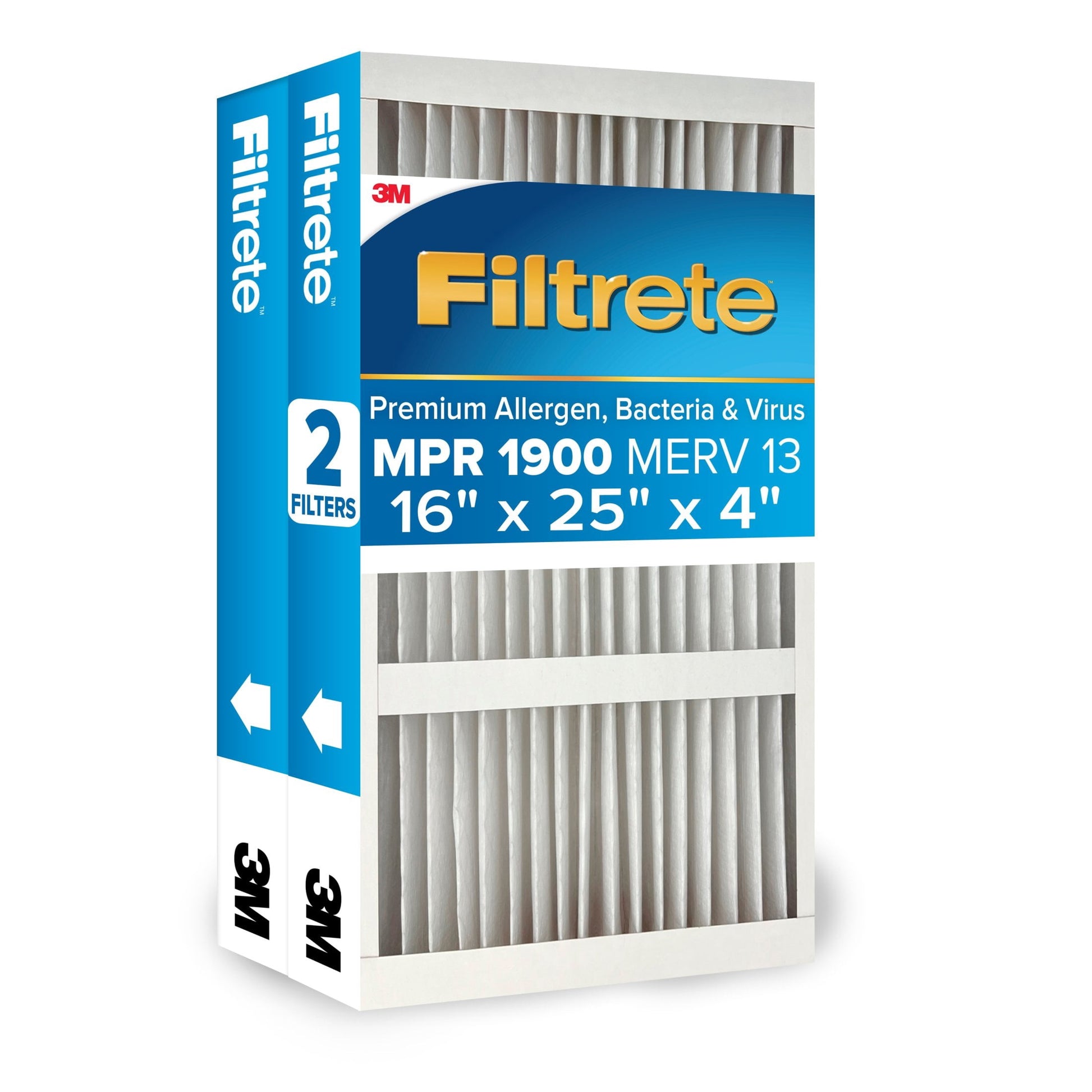 Filtrete 16x25x4 HVAC Furnace Air Filter, MPR 1900 MERV 13, Premium Allergen, Bacteria & Virus, 2 Pack