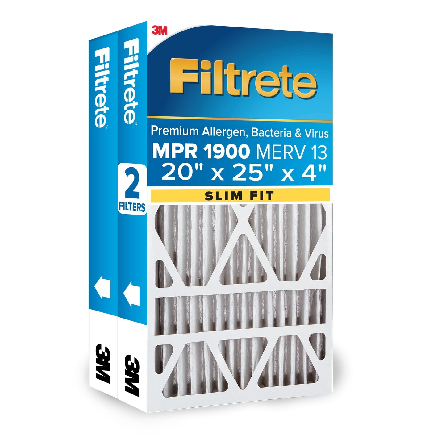 Filtrete 20x25x4 Slim Fit HVAC Furnace Air Filter, MPR 1900 MERV 13, Premium Allergen, Bacteria & Virus, 2 Filters (Actual size 19.5 x 24.5 x 3.75 in.)