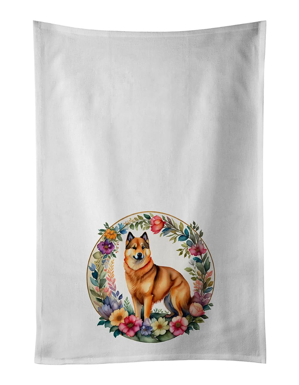 Finnish Spitz and Flowers Kitchen Towel Set of 2 White Dish Towels 19 in x 28 in