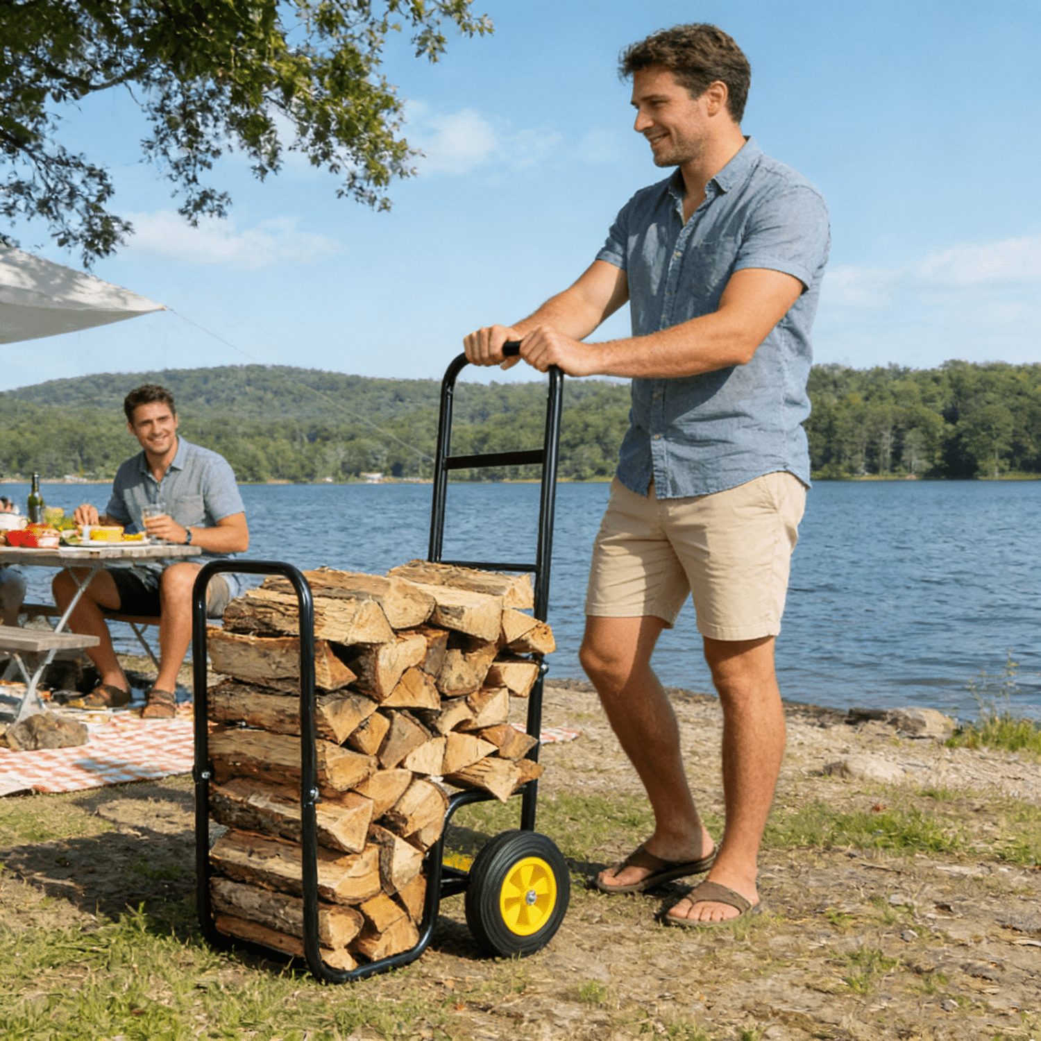 Firewood Log Cart Carrier, Outdoor or Indoor Black Steel Wood Rack Storage Mover, Rolling Wheeled Metal Dolly Hauler, Wood Moving Equipment