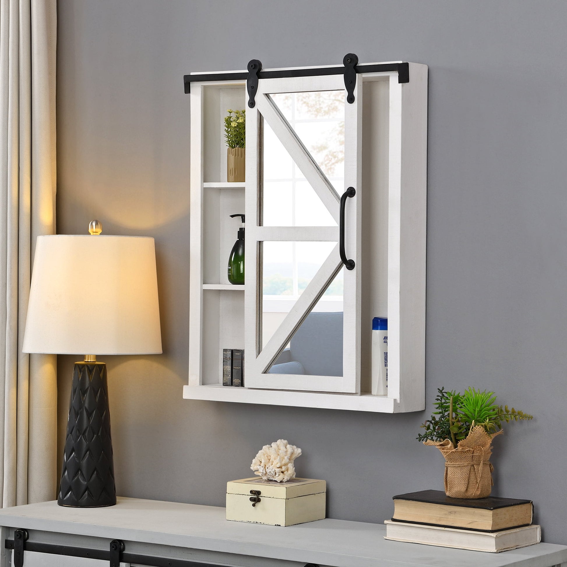 FirsTime & Co. Black Winona Barn Door Mirrored Cabinet, Farmhouse, Square, 21 x 5.5 x 28 in