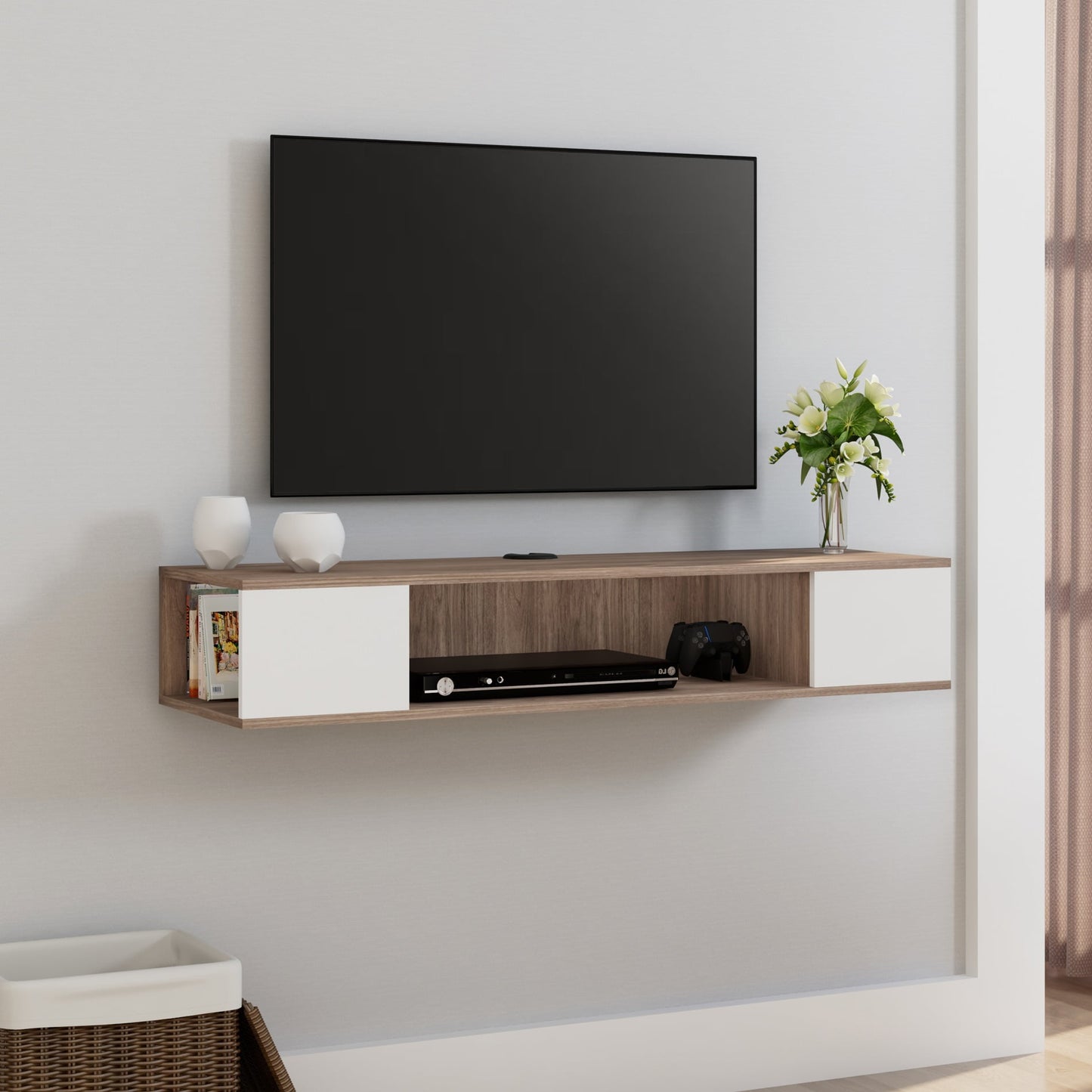 Floating TV Shelf Wall Mounted,Floating Entertainment Center TV Media with Storage for Living Room,White&Oak