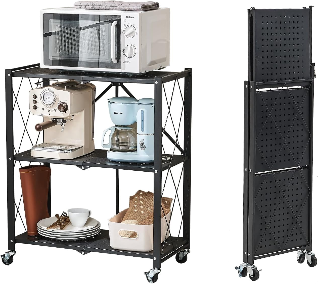 Foldable 3-Tier Heavy Duty Storage Rack with Wheels,Rolling Utility Cart for Kitchen, Garage, Living Room, Study, Basement