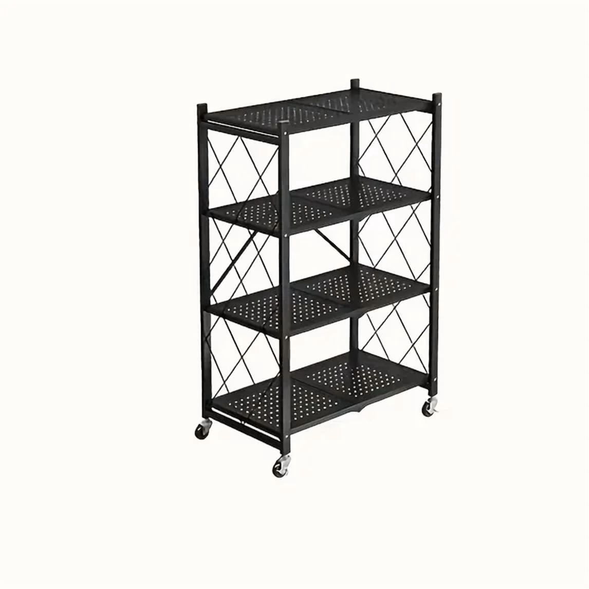 Foldable 4-Tier Heavy Duty Storage Rack with Wheels,Rolling Utility Cart for Kitchen, Garage, Living Room, Study, Basement