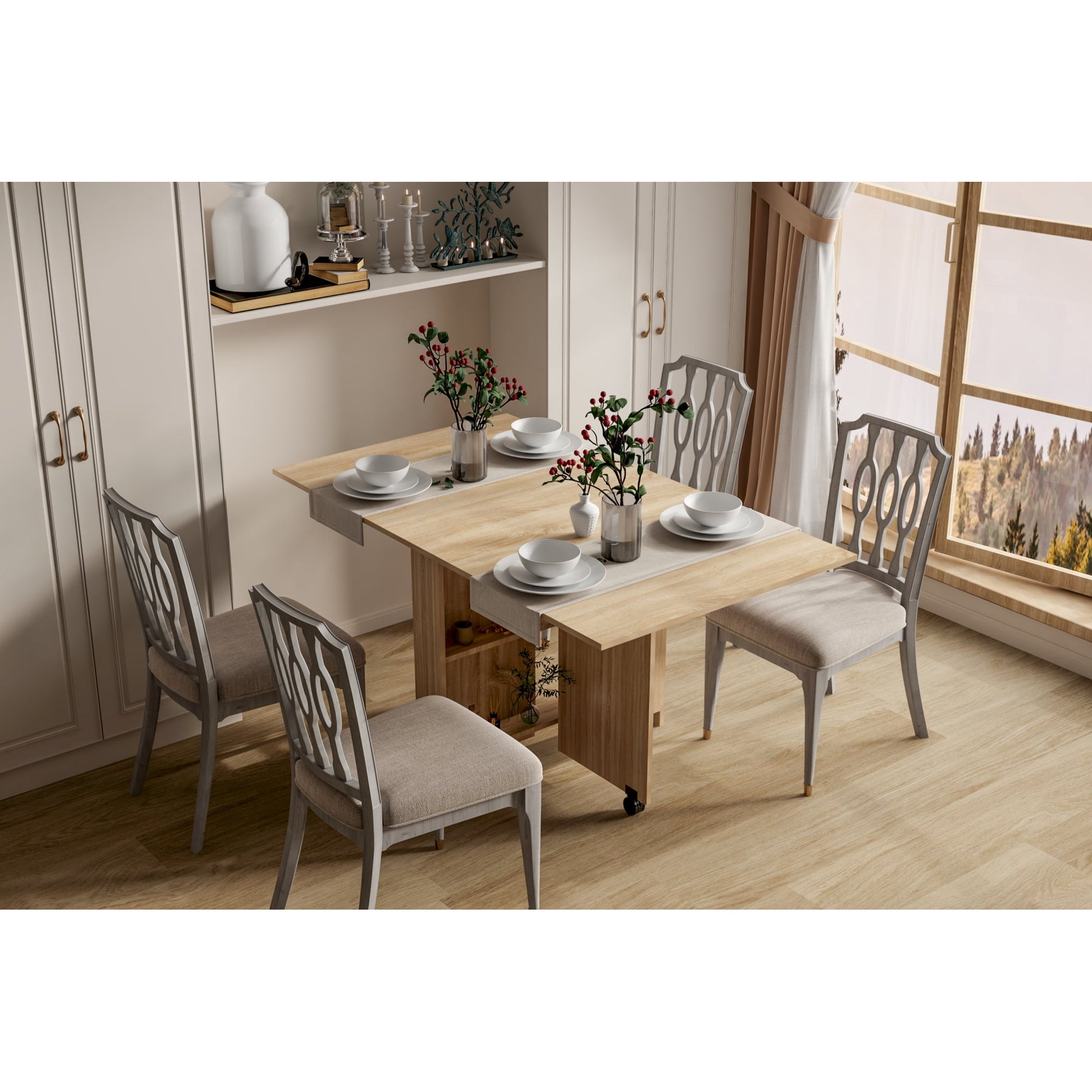 Folding Dining Table,Versatile Dinner Table with 2 Wheels and 2 Storage Racks for Space Saving,Dining Room,Kitchen,Brown