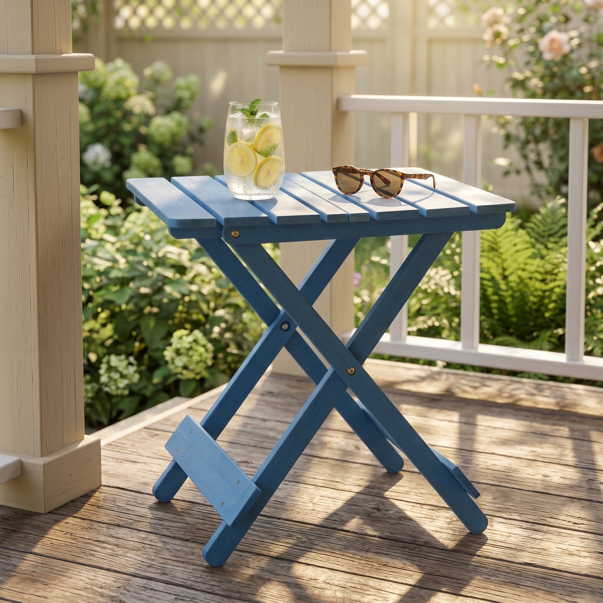 Folding Square Solid Wood Outdoor Table with X-Shaped Frame, Portable Patio Side Table and Picnic Table for Backyard, Blue