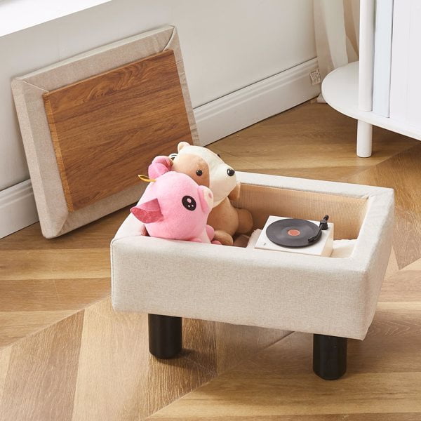 Foot Stool Ottomans Linen Footrest Storage Ottoman Step Stool Seat with Solid Wood Legs Modern Accent Stools for Couch Living Room Beige