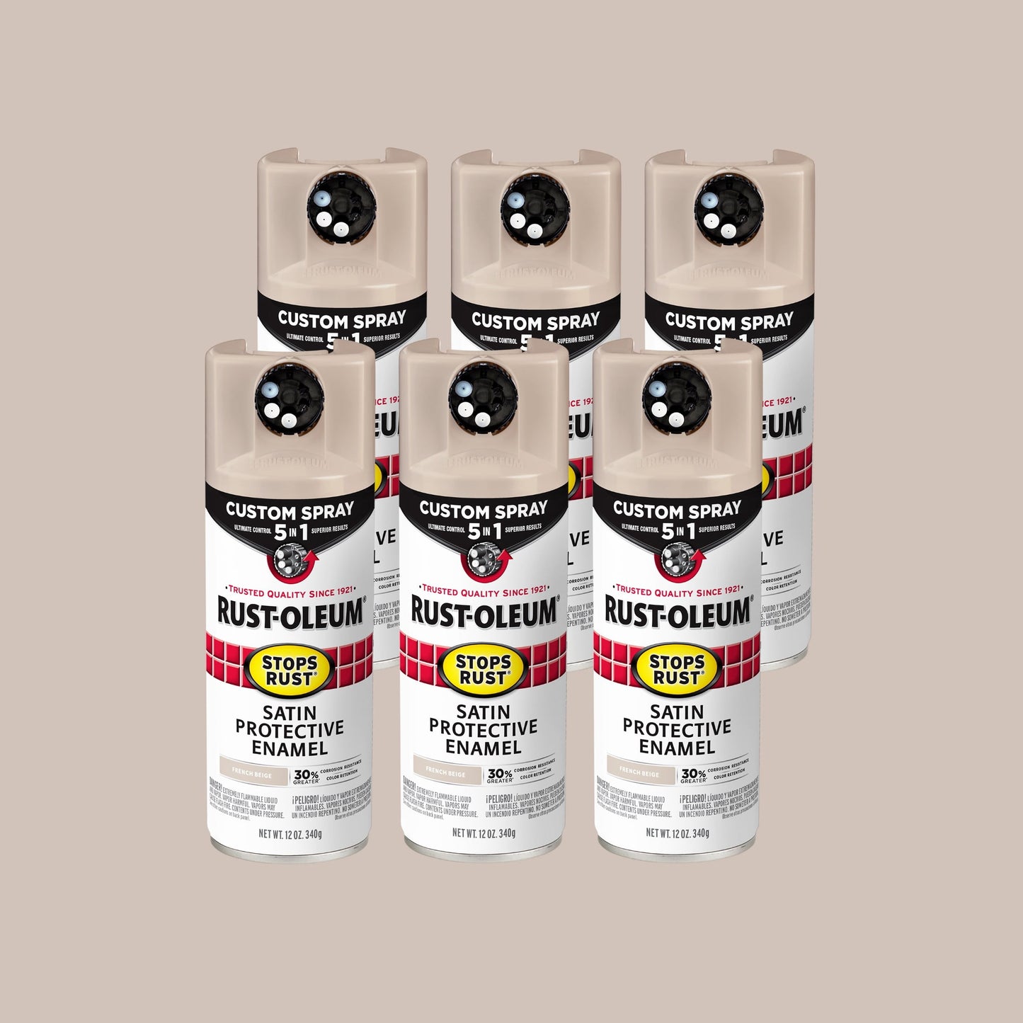Paquete de 6, Beige FrancÃ©s, Rust-Oleum Detiene el Ã“xido Aerosol Personalizado 5 en 1 Pintura en Aerosol Satinada-376879, 12 oz