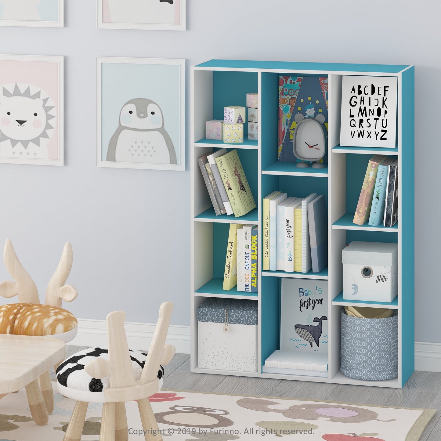 Furinno 11-Cube Reversible Open Shelf Bookcase, White/Light Blue