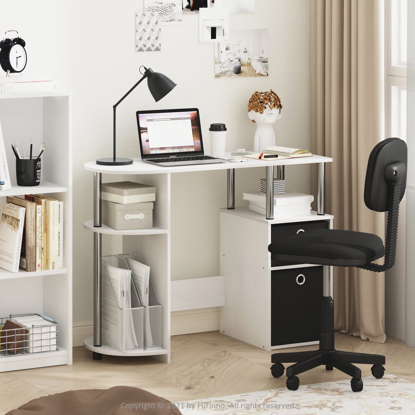 Furinno 15111 JAYA Simplistic Computer Study Desk with Bin Drawers, White Oak, Stainless Steel Tubes