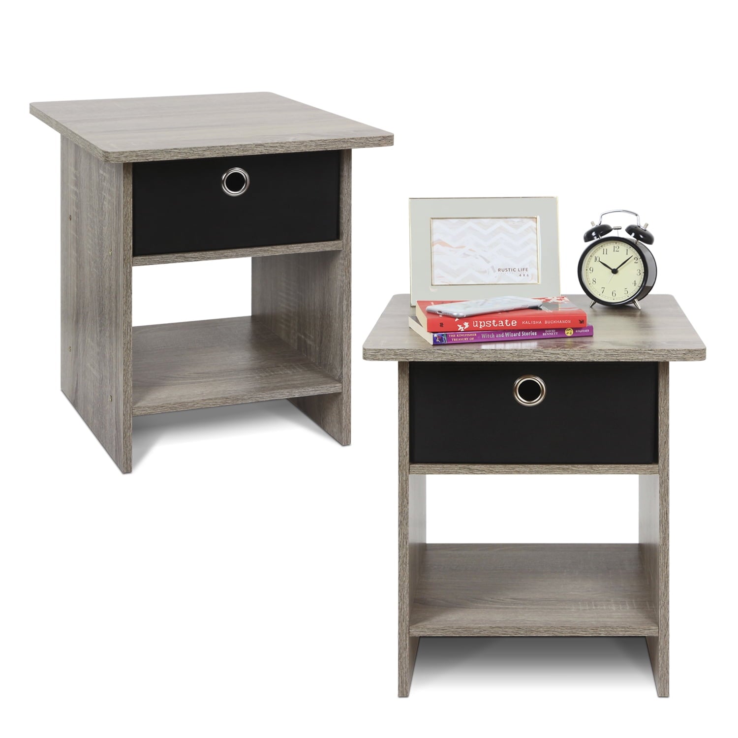 Furinno 2-10004 End Table/ Night Stand Storage Shelf with Bin Drawer, Set of two