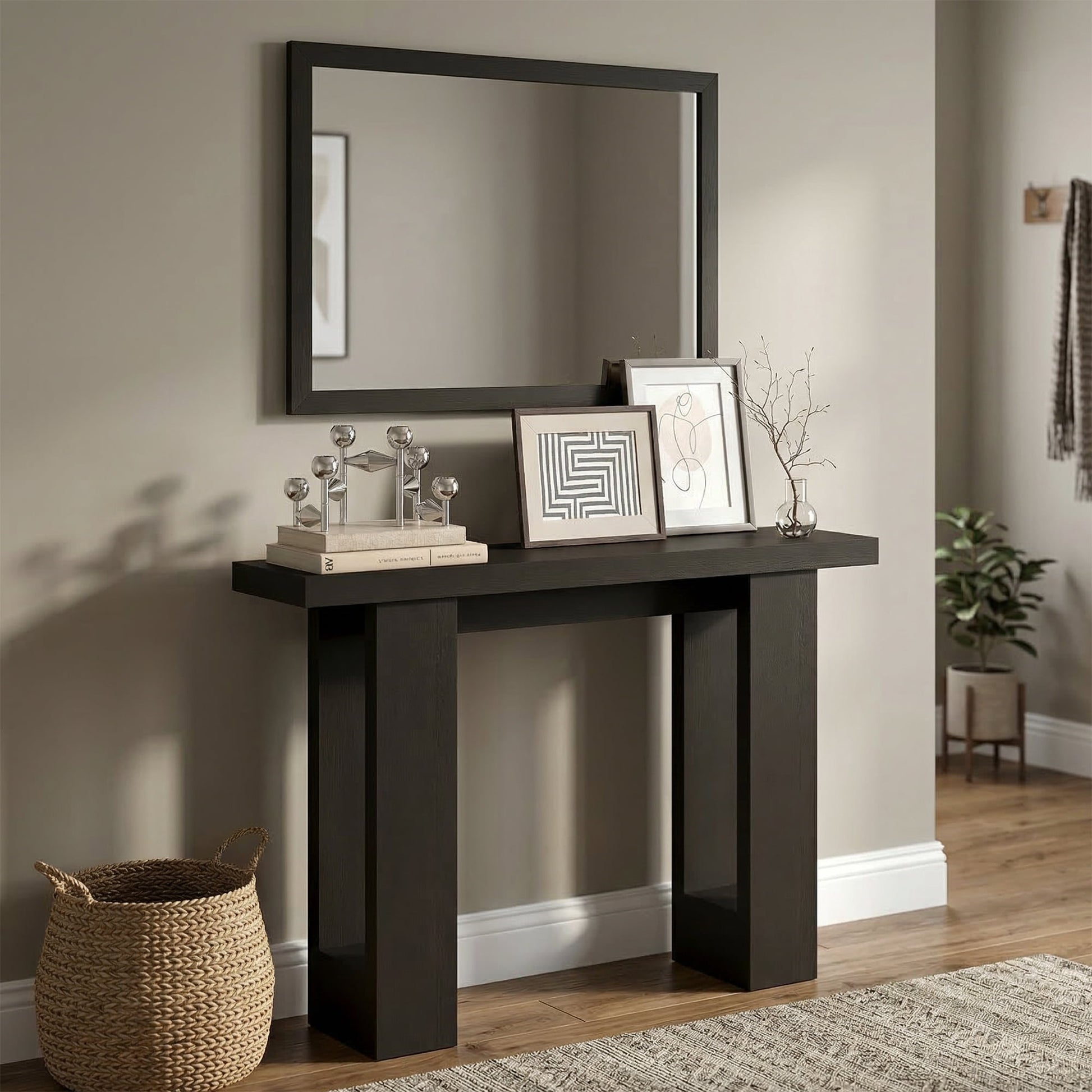 Furinno ARA 47-Inch Console Table with 2 Bottom Shelf Black Dark Oak