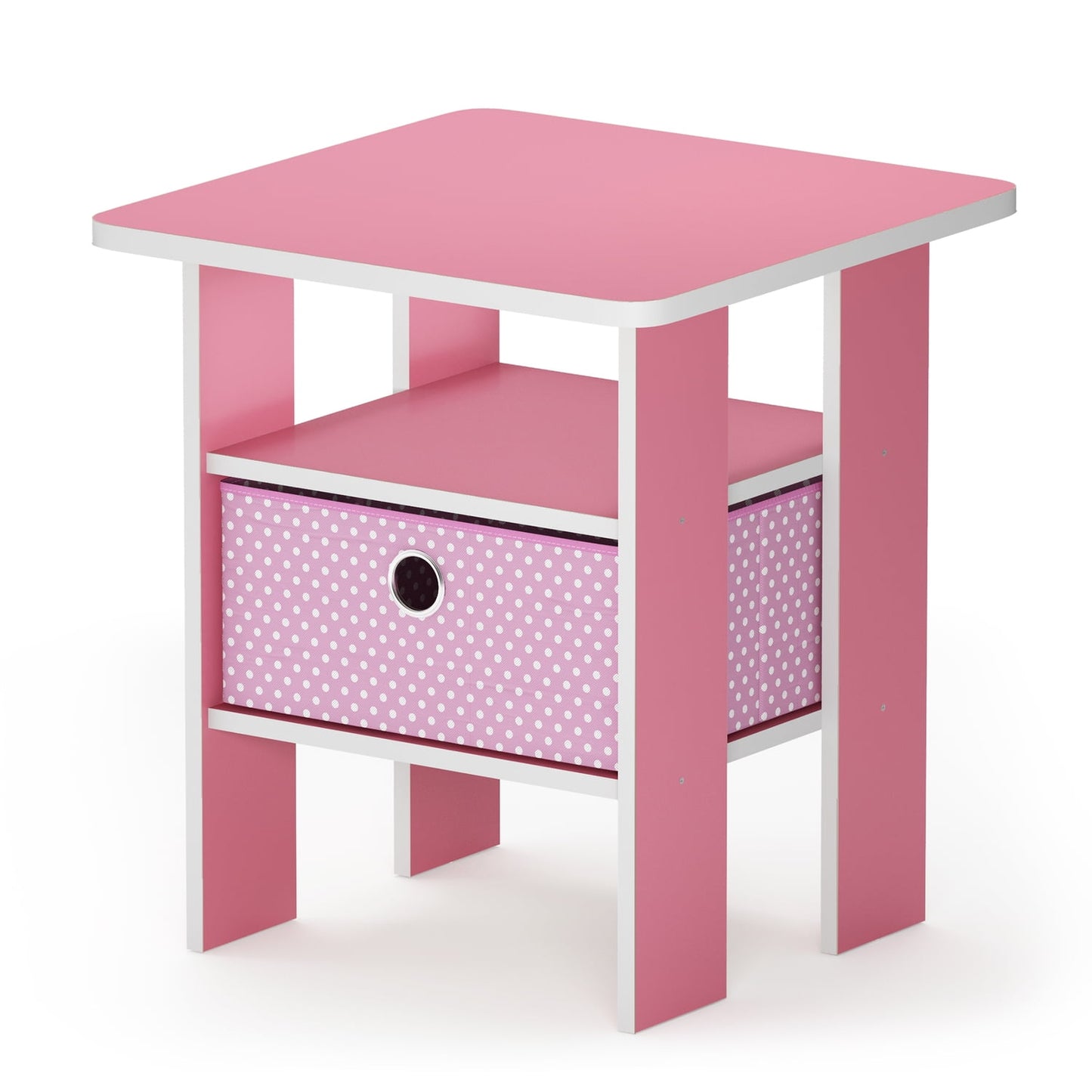 Furinno Andrey Engineered Wood End Table with Bin Drawer in Light Pink
