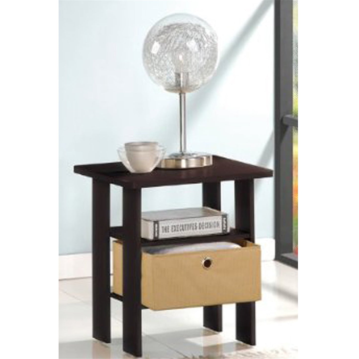 Furinno ANDREY Engineered Wood End Table with Bin Drawer in Espresso/Brown