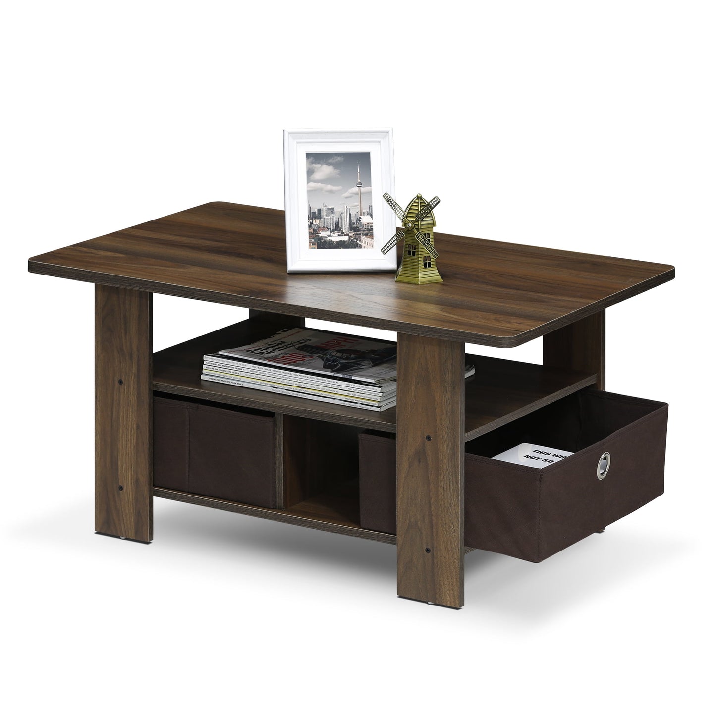 Furinno ANDREY Wood Coffee Table with Bin Drawer in Columbia Walnut/Dark Brown