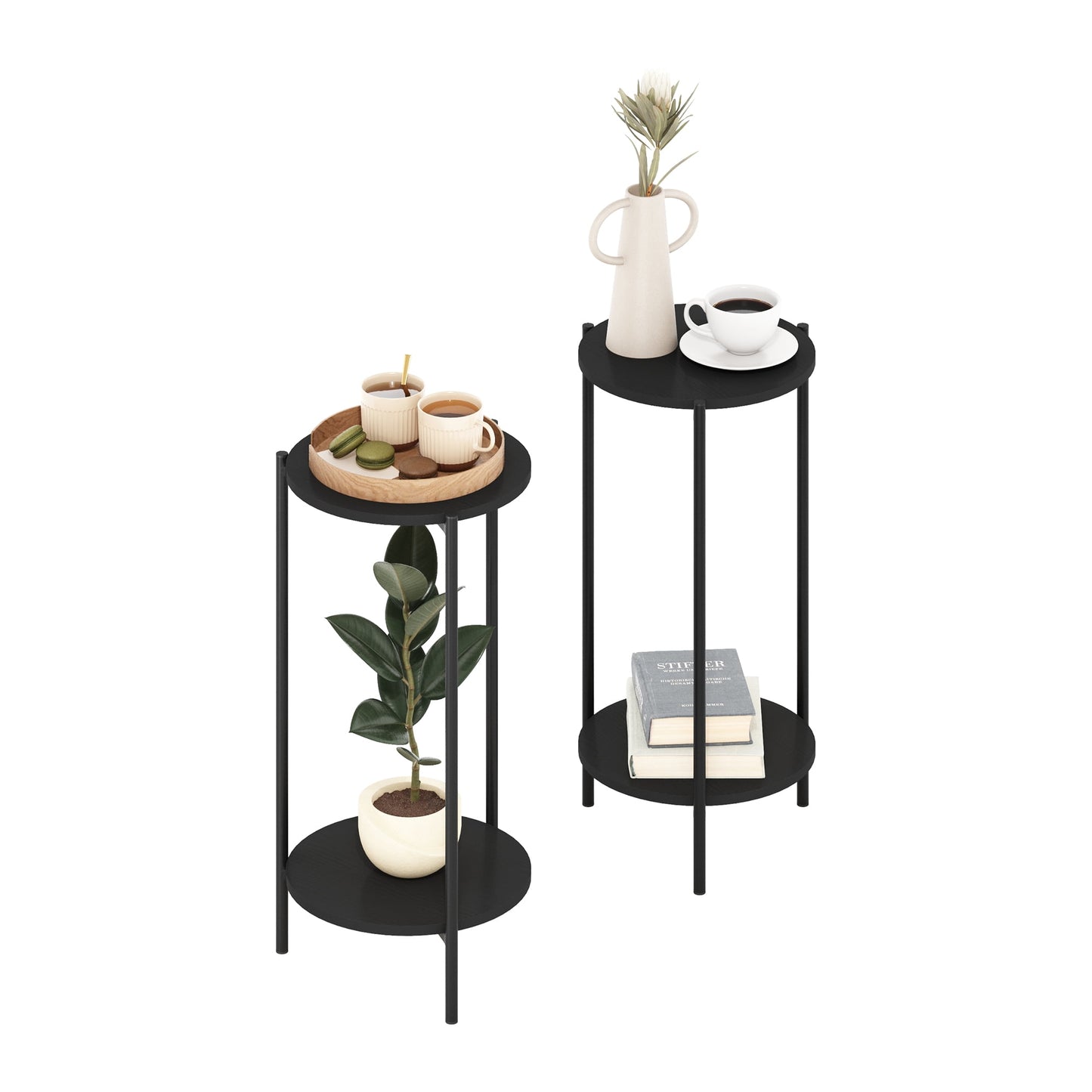 Furinno Besi 2-Tier End Table with Sturdy Metal Legs in Americano Set of 2