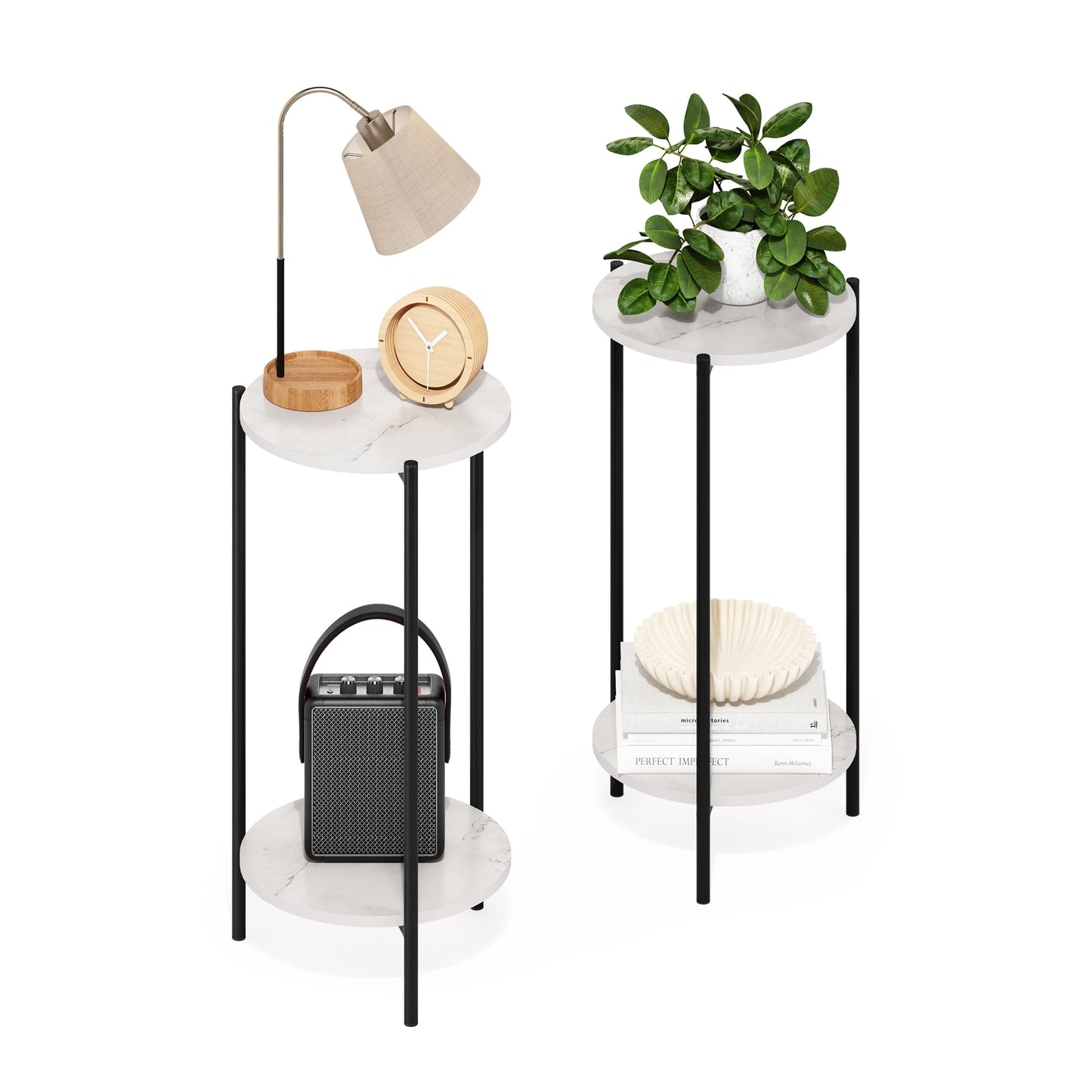 Furinno Besi 2-Tier Modern Tall Round Side End Table with Sturdy Metal Legs, Marble White, Set of 2