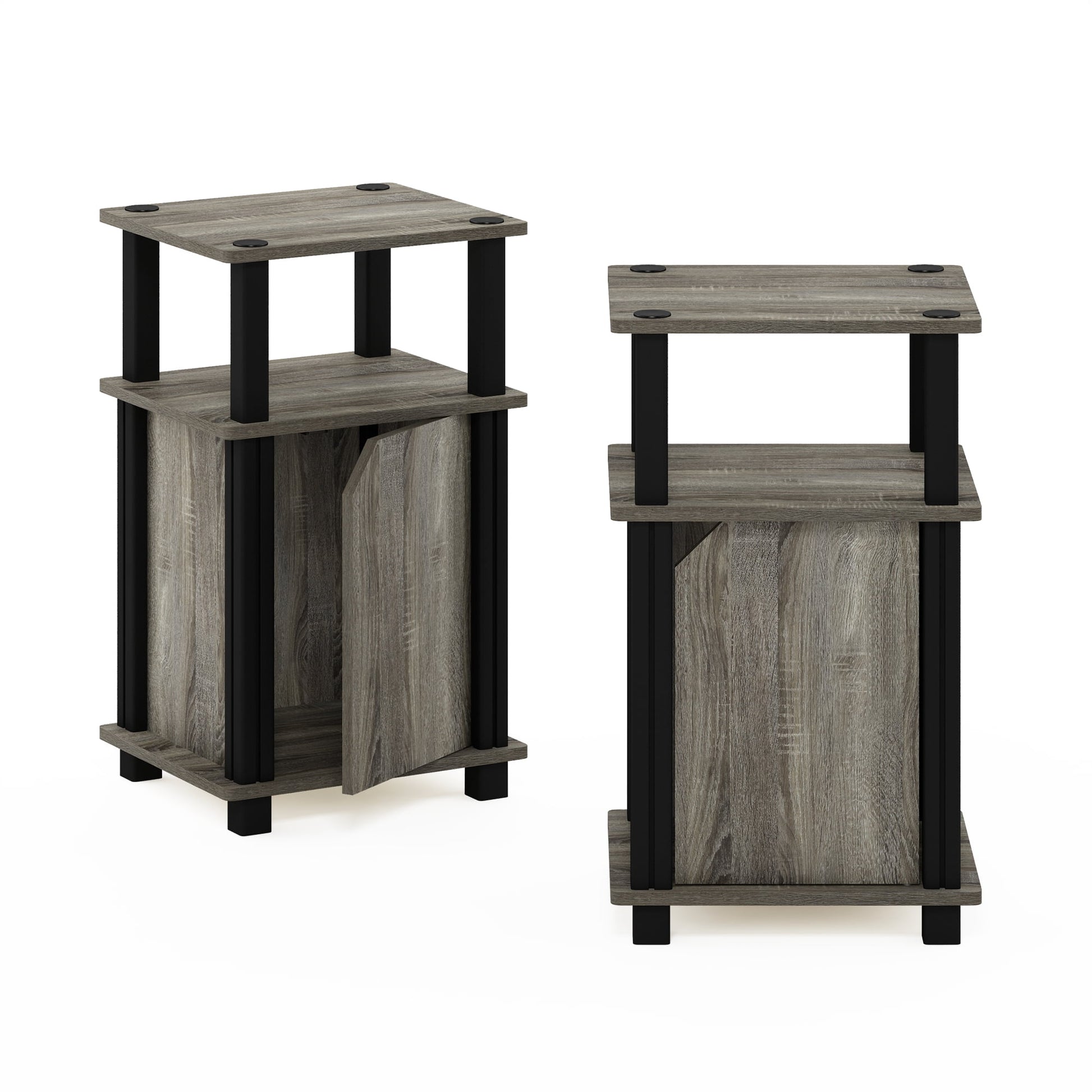 Furinno Brahms 3-Tier End Table with Door Set of 2, French Oak, Black