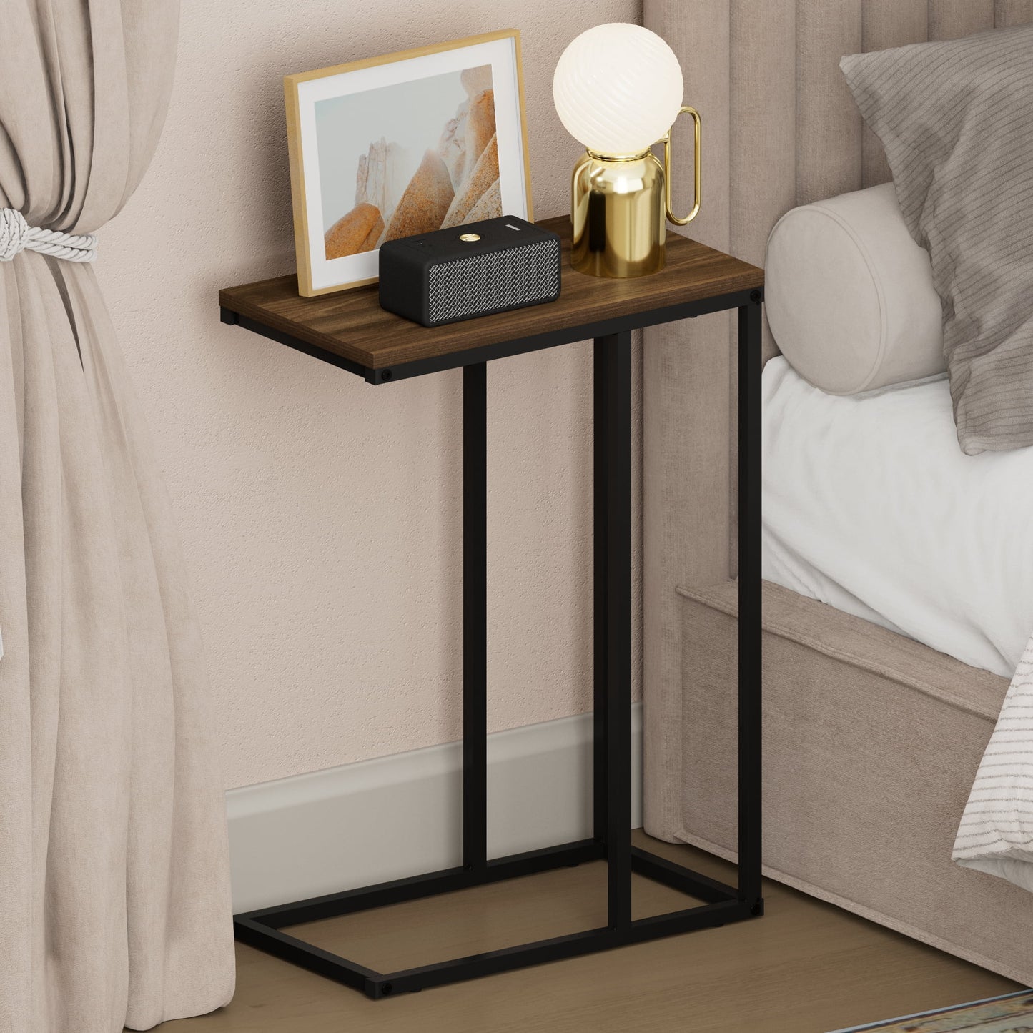 Furinno CAMNUS C-shape Metal Frame Nightstand Side/End Table Columbia Walnut
