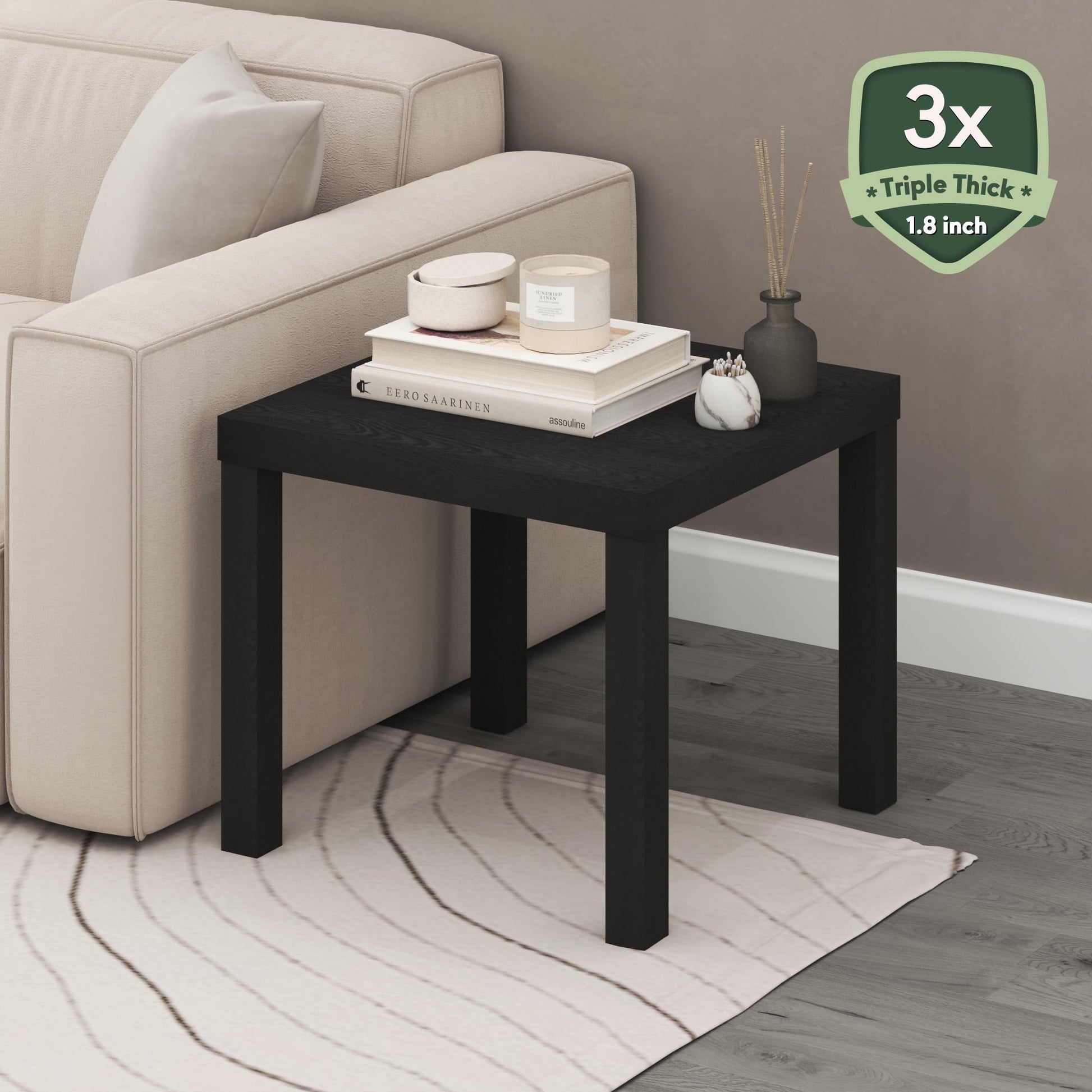 Furinno CLASSIC Side Table, Square Modern End Table with 1.8 Thick Tabletop, Simple Night Stand, Bedside Table, Toolless Assembly, for Living Room, Bedroom, Classic Black