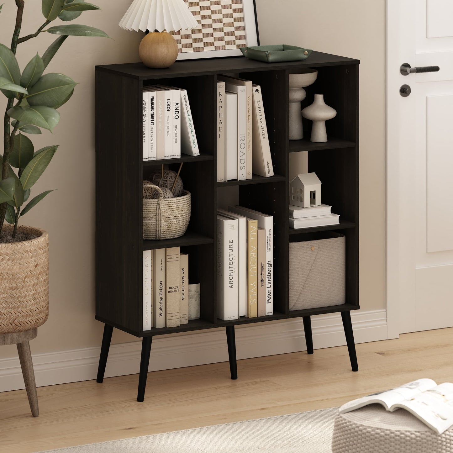 Furinno Claude Mid Century Style 8-Cube Bookcase, Bookshelf, Storage Organizer with Wood Legs, White
