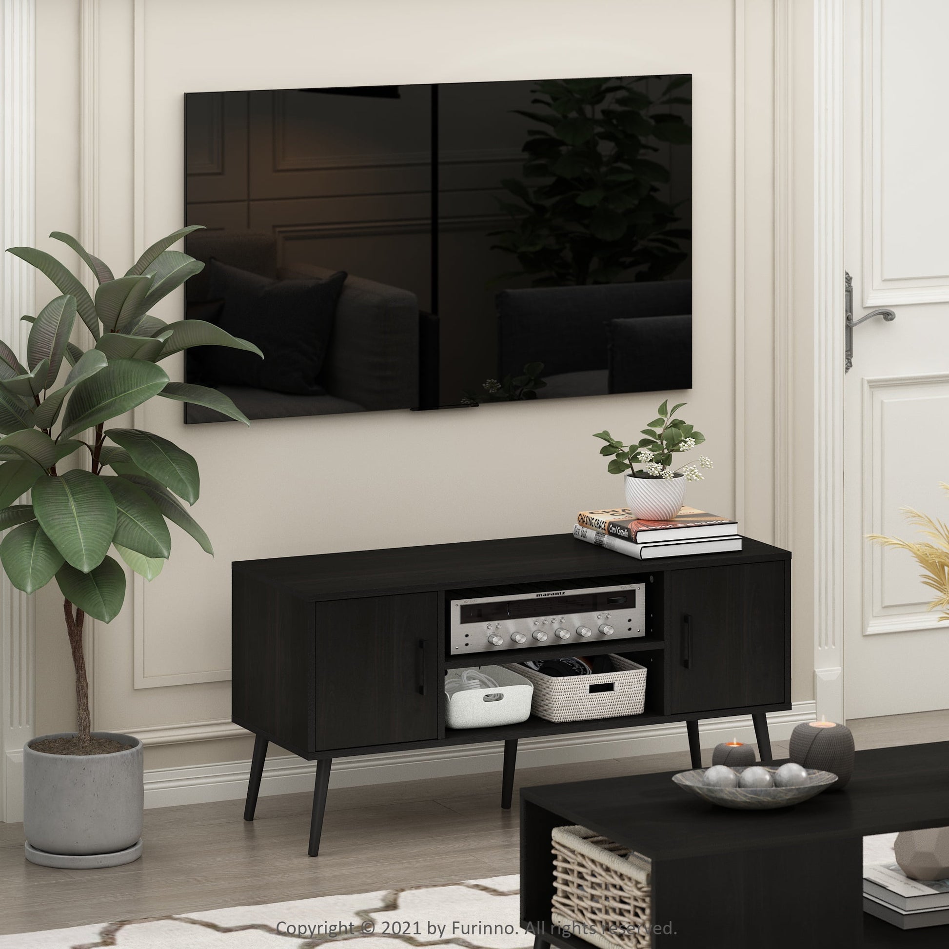 Furinno Claude Mid Century Style TV Stand with Wood Legs, Two Cabinets, Espresso