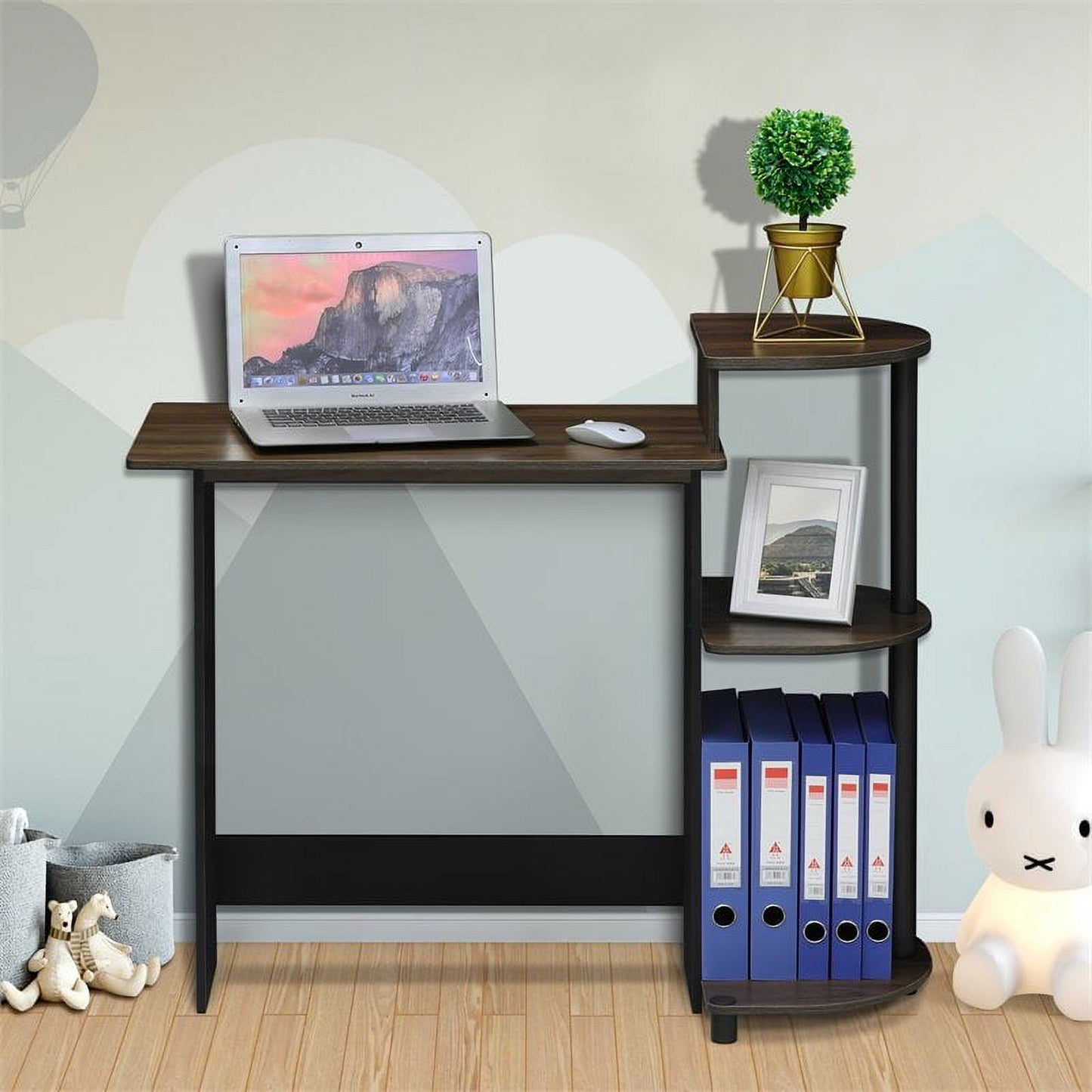 Furinno Compact Computer Desk with Shelves, Columbia Walnut/Black, 11181CWN/BK