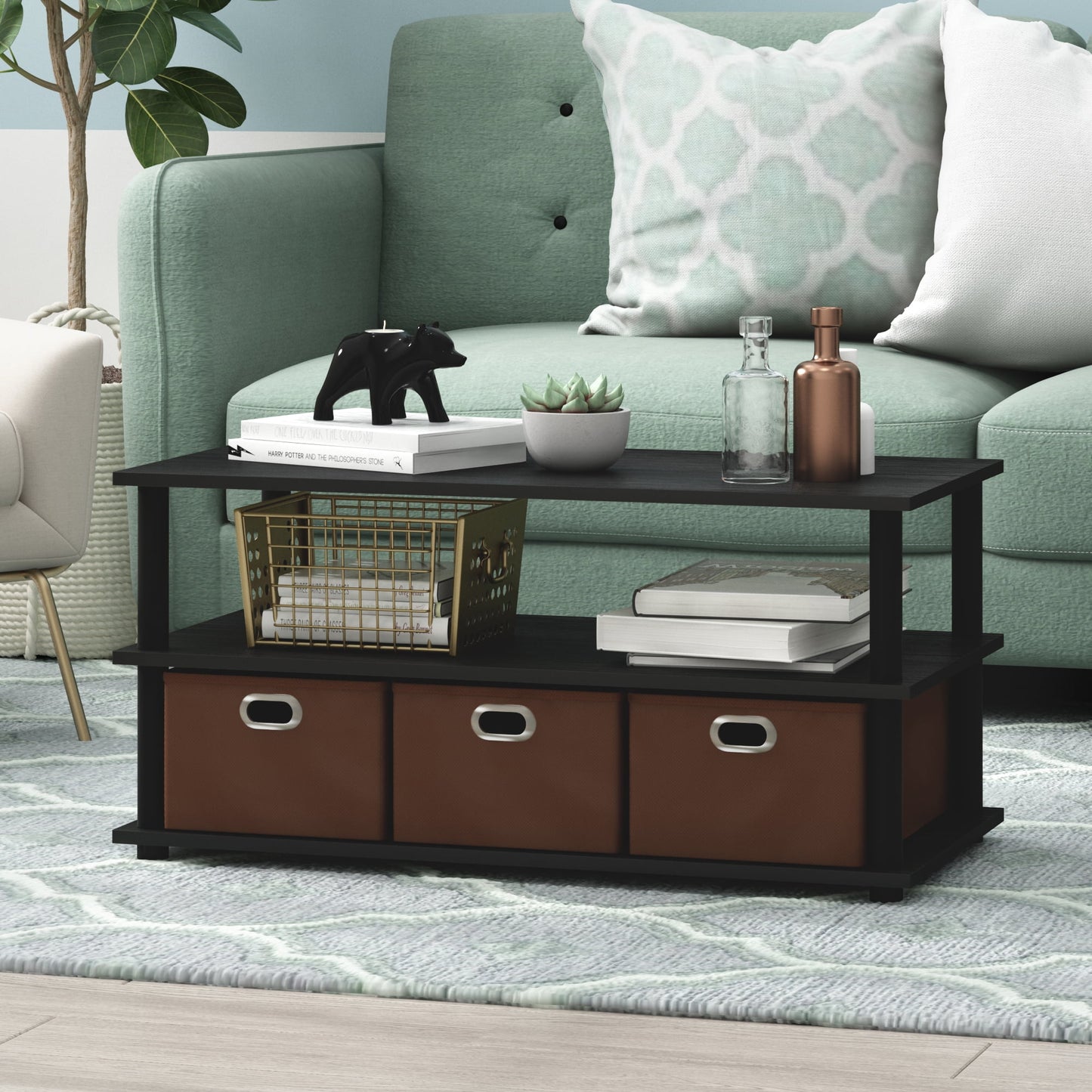 Furinno Mesa de Centro Rectangular ContemporÃ¡nea de Madera con Almacenamiento, Roble Negro/marrÃ³n