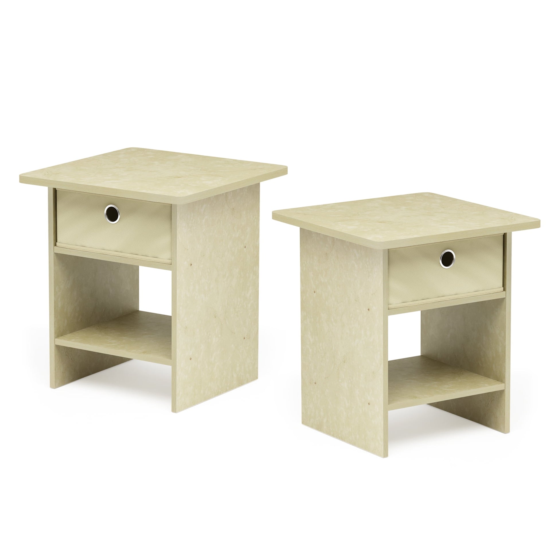 Furinno DARIO End Table/ Night Stand Storage Shelf with Bin Drawer, Beige Marble/Ivory, Set of 2