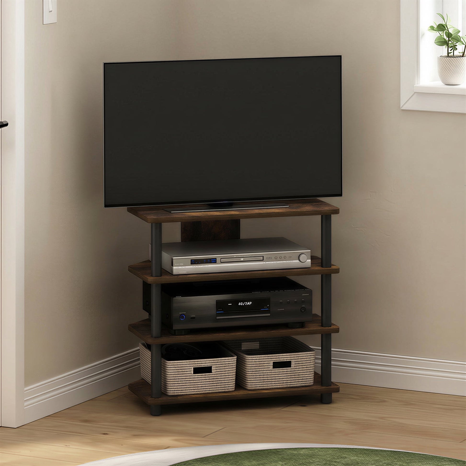 Furinno ECON 4-Tier Petite Corner Entertainment Center for 32" TV Amber Pine