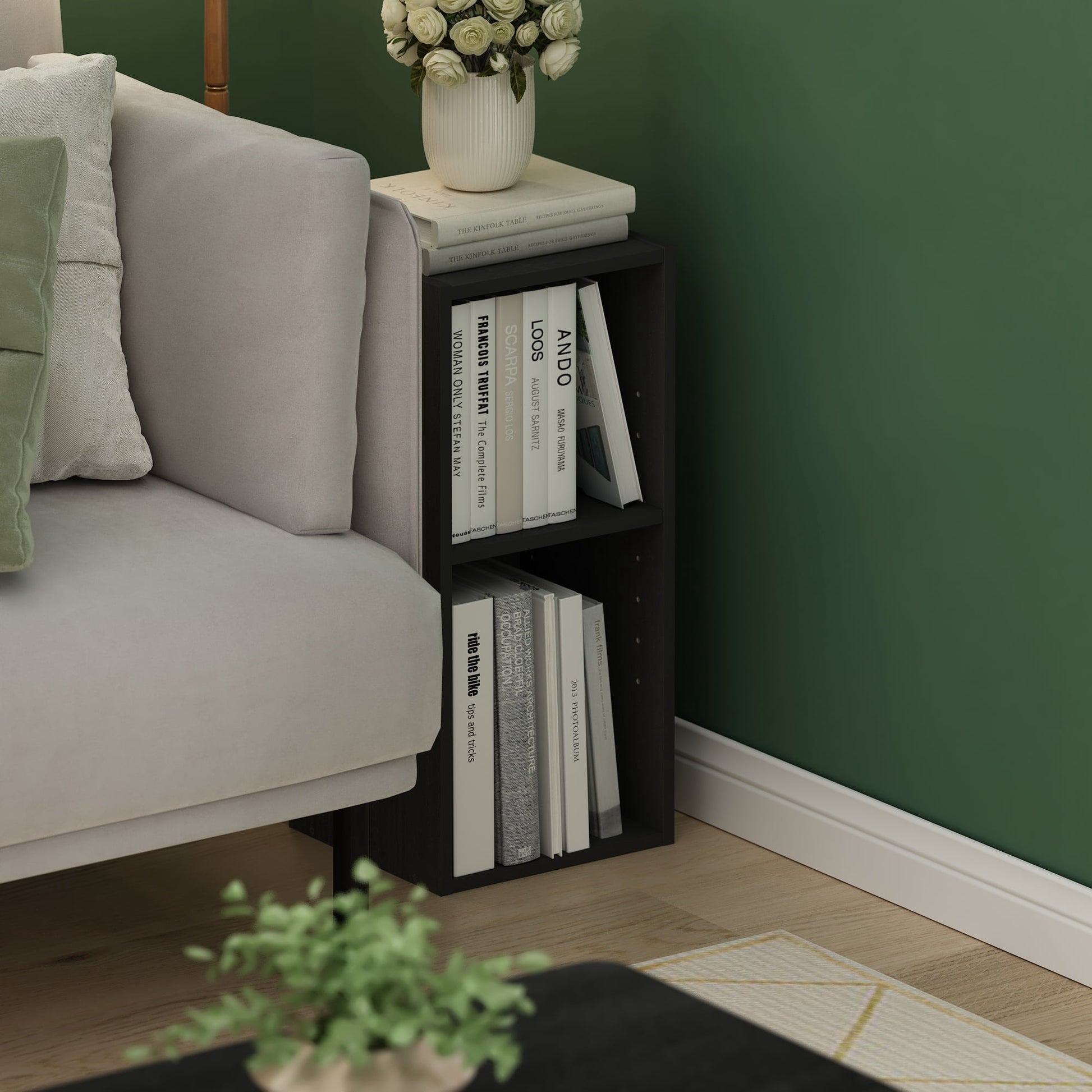 Furinno FULDA Book Shelf, 2-Tier Narrow Bookshelf, Bookcase with 10-In Width Storage Shelf, 9.3 x 9.8 x 21.2, for Living Room, Bedroom, Home Office, Plain White
