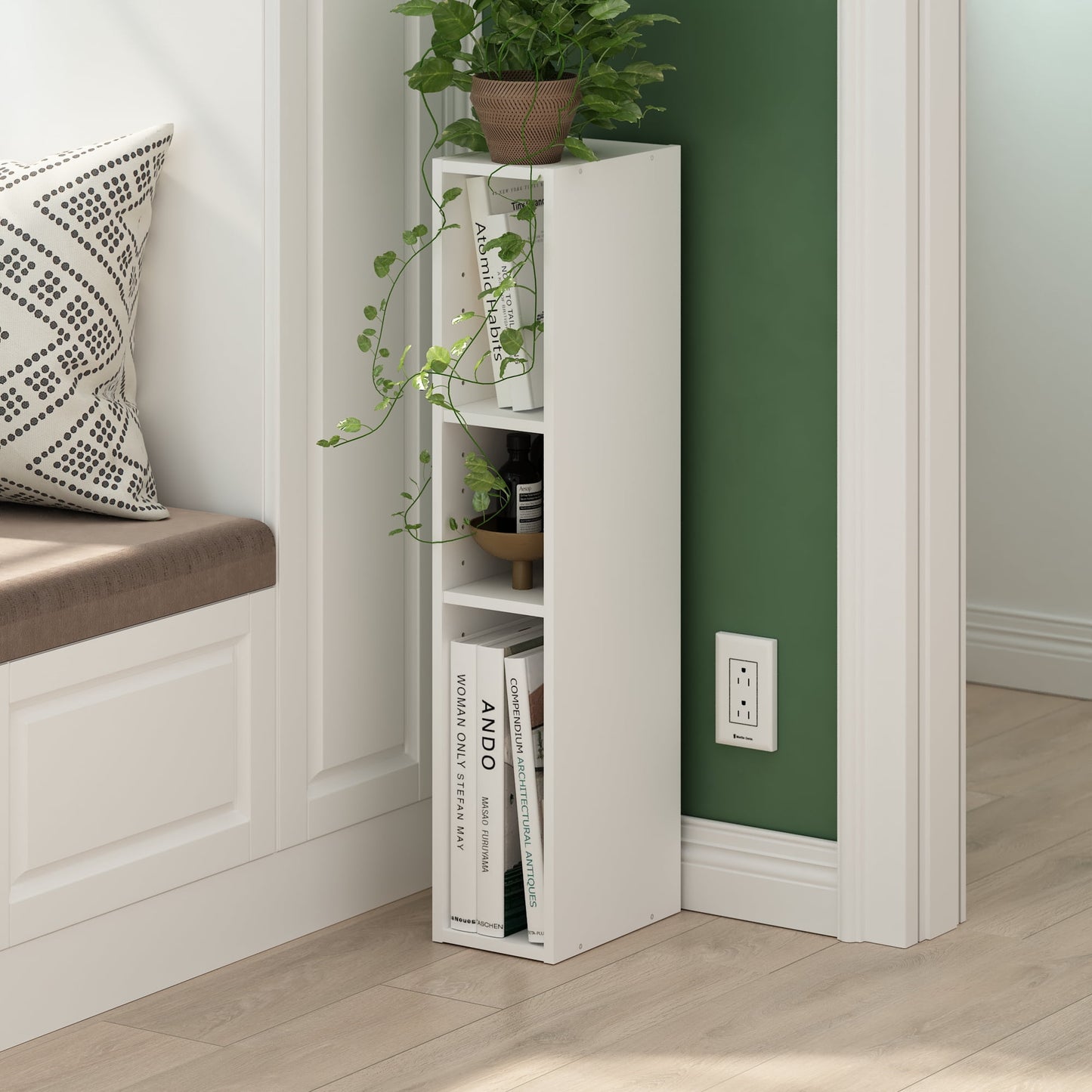 Furinno Fulda 3-Tier Space Saving Storage Shelf Bookcase, 6-Inch Width, White