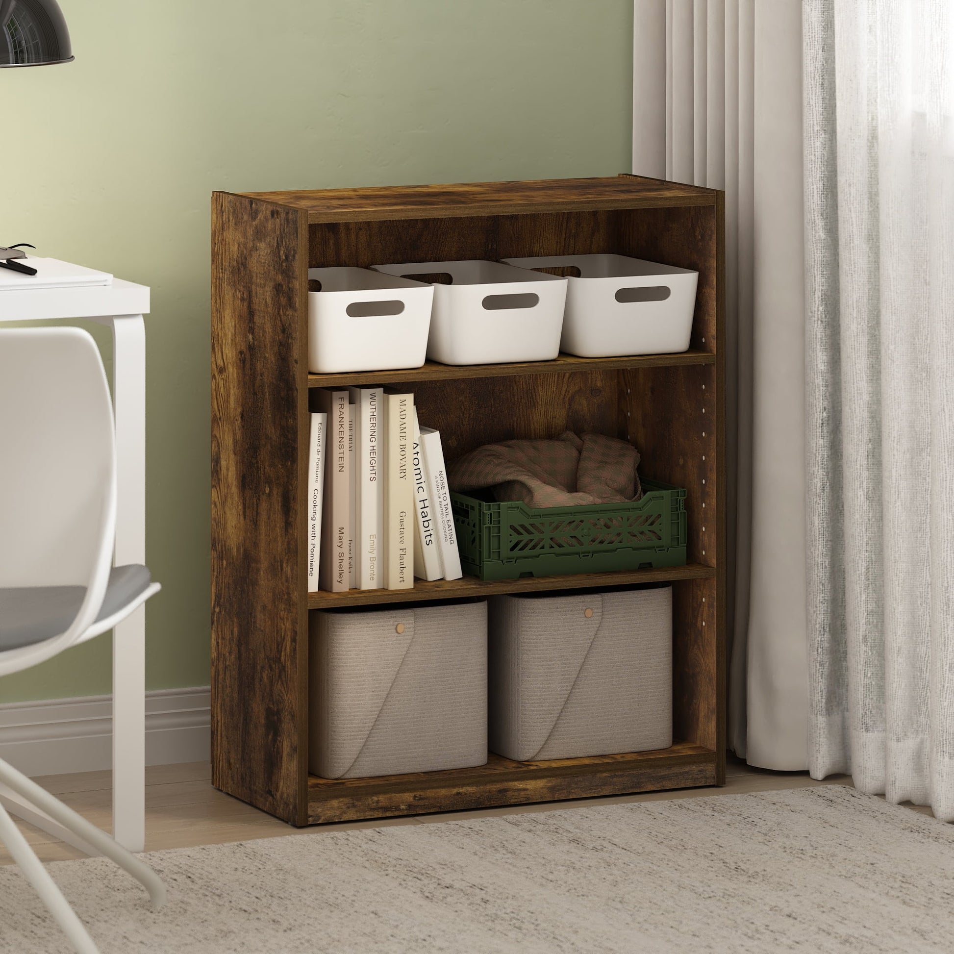 Furinno Gehry 3-Tier Bookcase, Bookshelf with Adjustable Shelves, Amber Pine