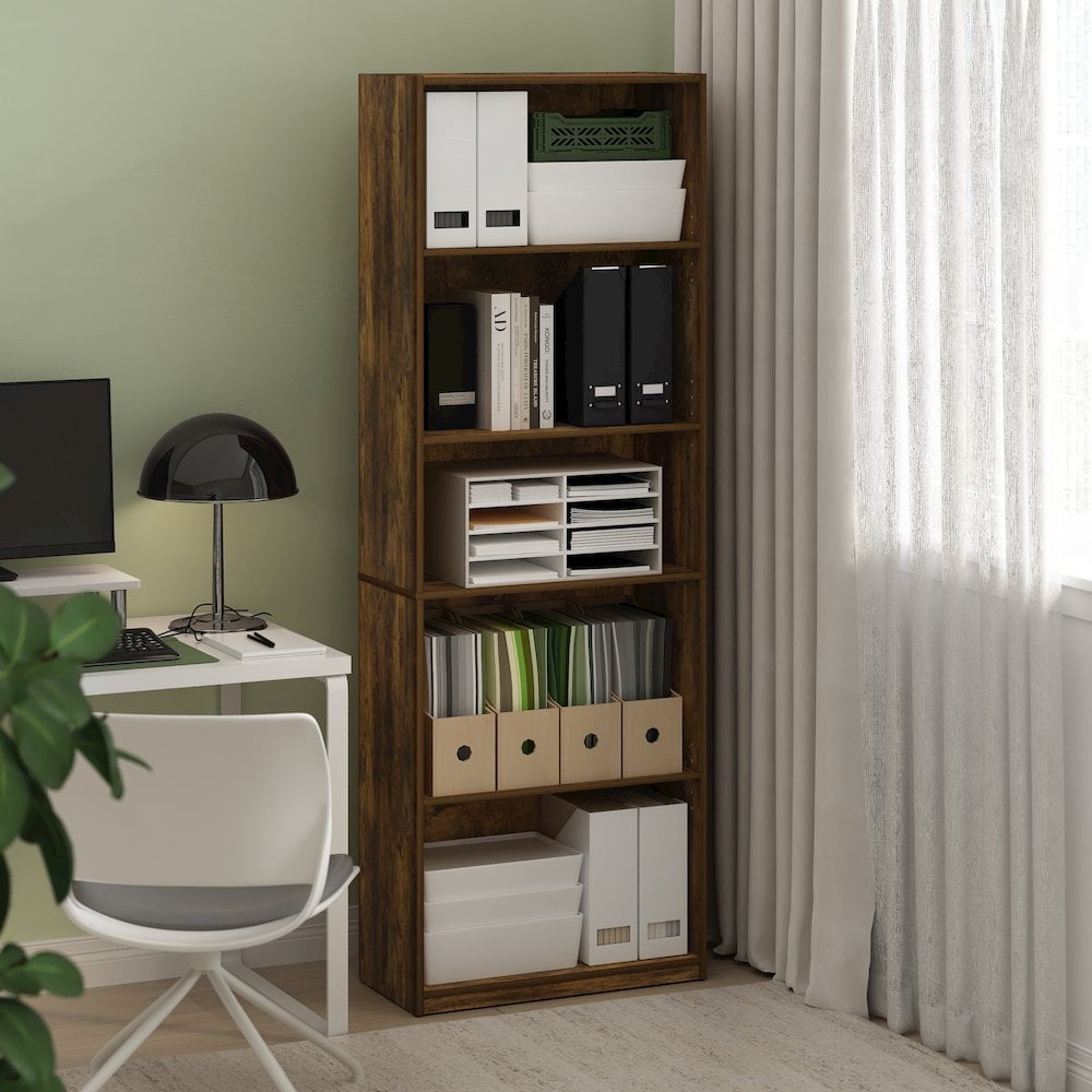 Furinno Gehry 5-Tier Bookcase, Bookshelf with Adjustable Shelves, Amber Pine