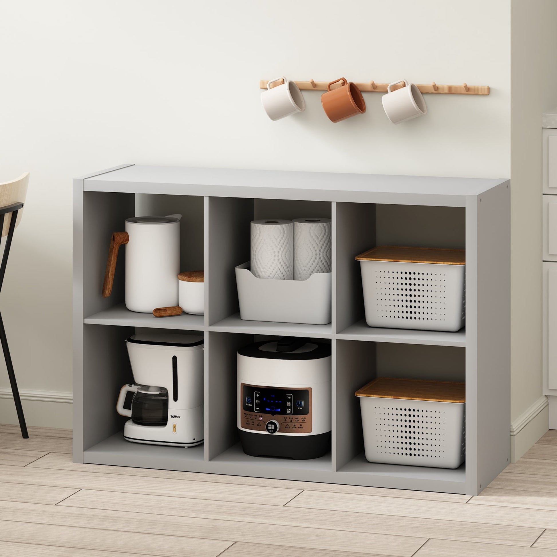 Furinno HERMITE 6 Cube Kitchen Storage Bakers Rack Island in Pale Grey