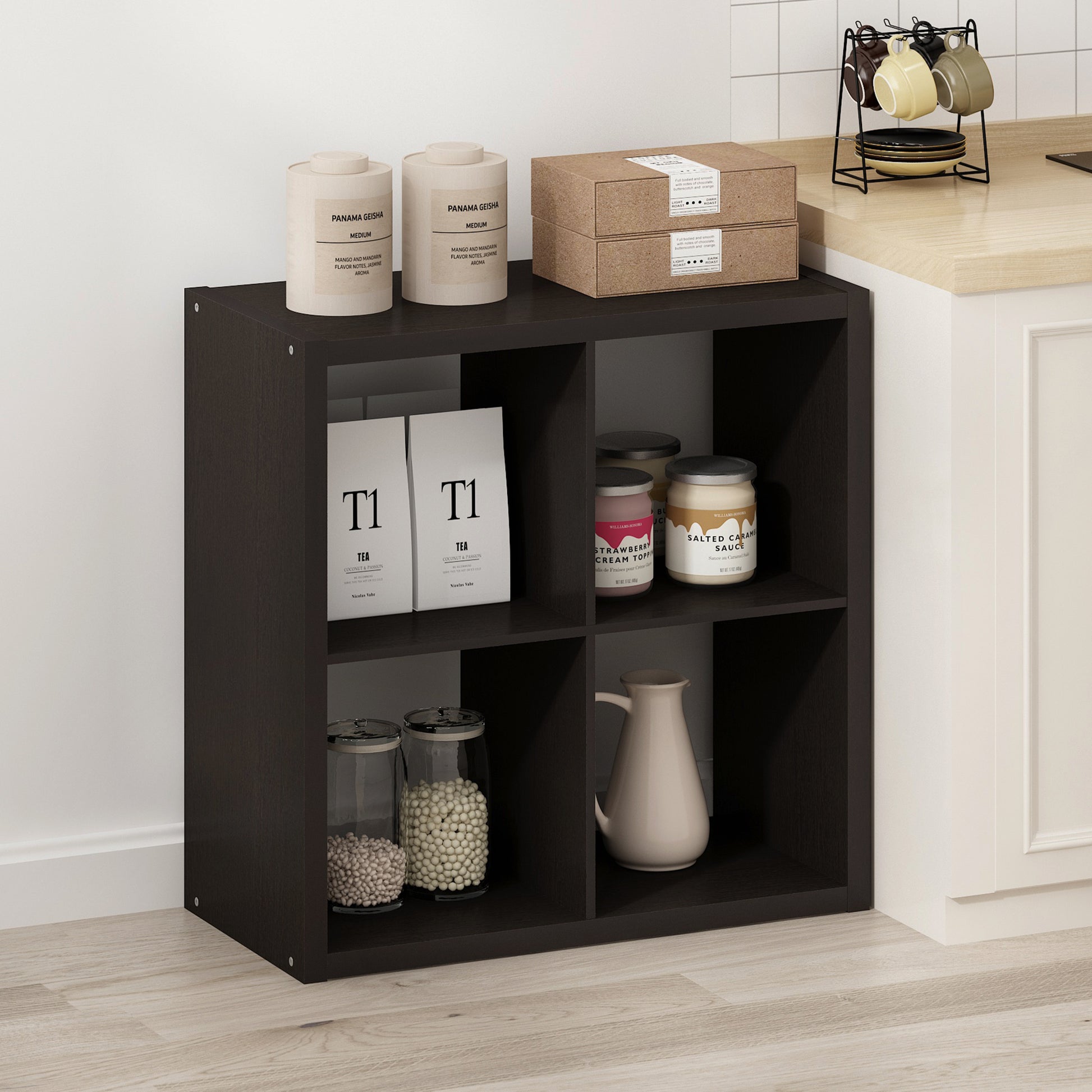 Furinno Hermite 4-Cube Open Shelves Kitchen Storage, Kitchen Island, Bakers Rack, Buffet Sideboard, Dark Oak