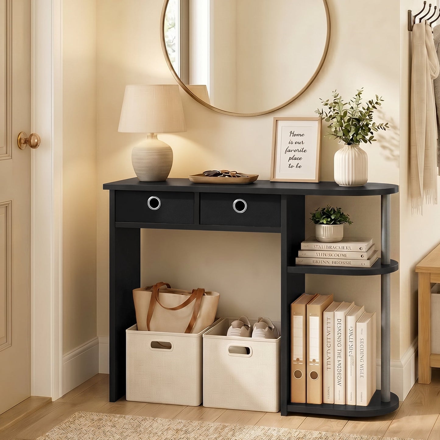Furinno JAYA 32-Inch 2 Fabric Drawers Open Shelves Console Table. Black