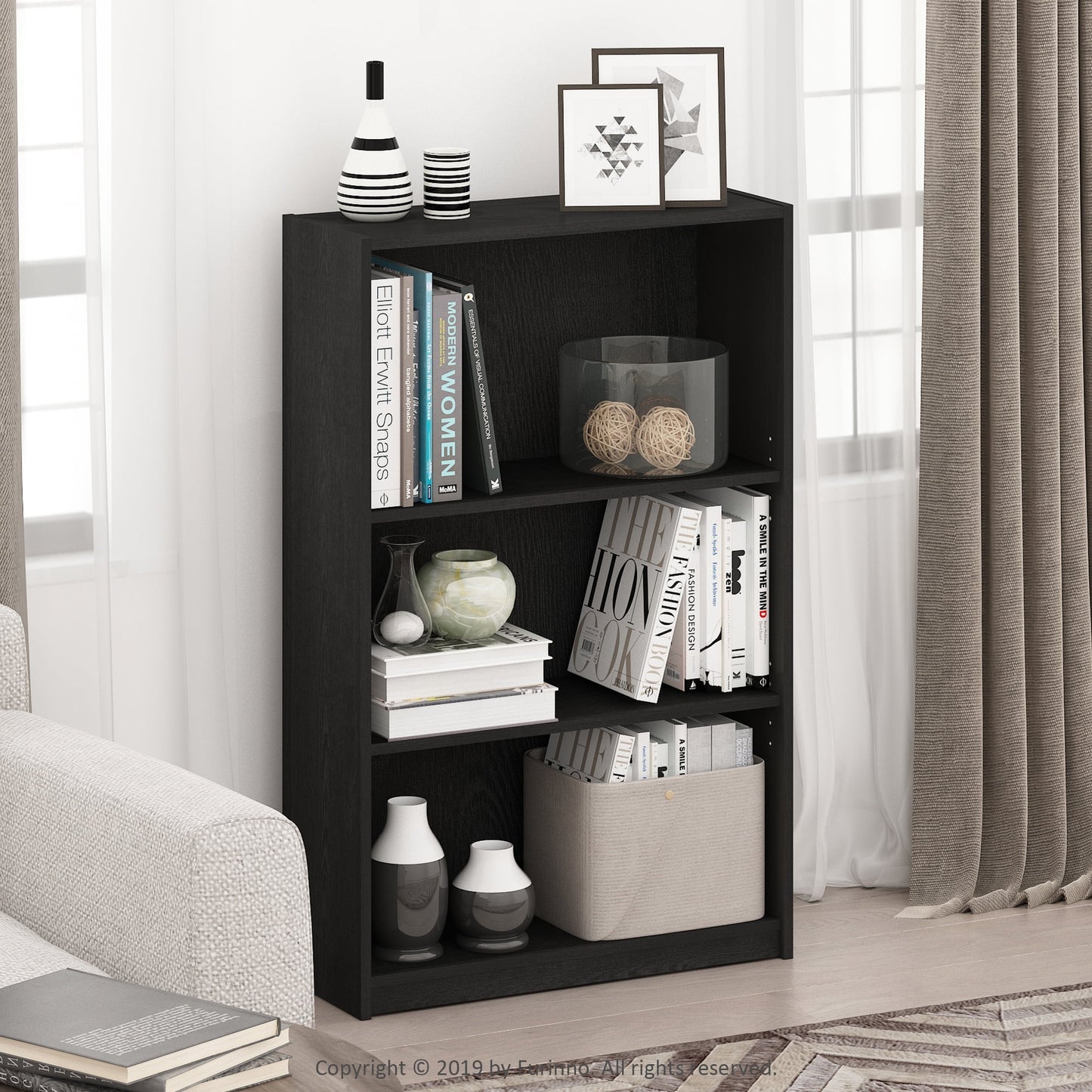 Furinno JAYA Book Shelf, 3-Tier Bookshelf, Bookcase with Adjustable Shelves, 9.5 x 24.5 x 40.3, for Living Room, Bedroom, Home Office, Darkwood