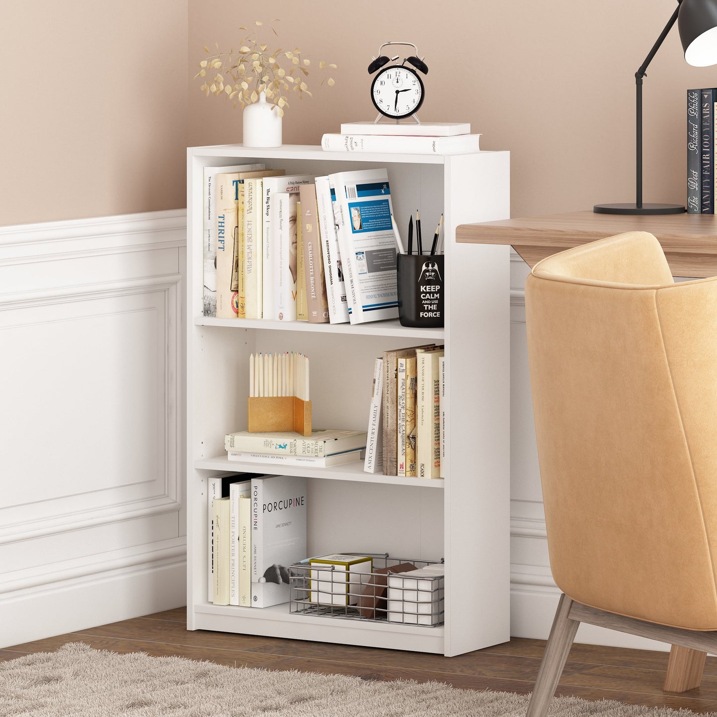 Furinno JAYA Book Shelf, 3-Tier Bookshelf, Bookcase with Adjustable Shelves, 9.5 x 24.5 x 40.3, for Living Room, Bedroom, Home Office, Plain White