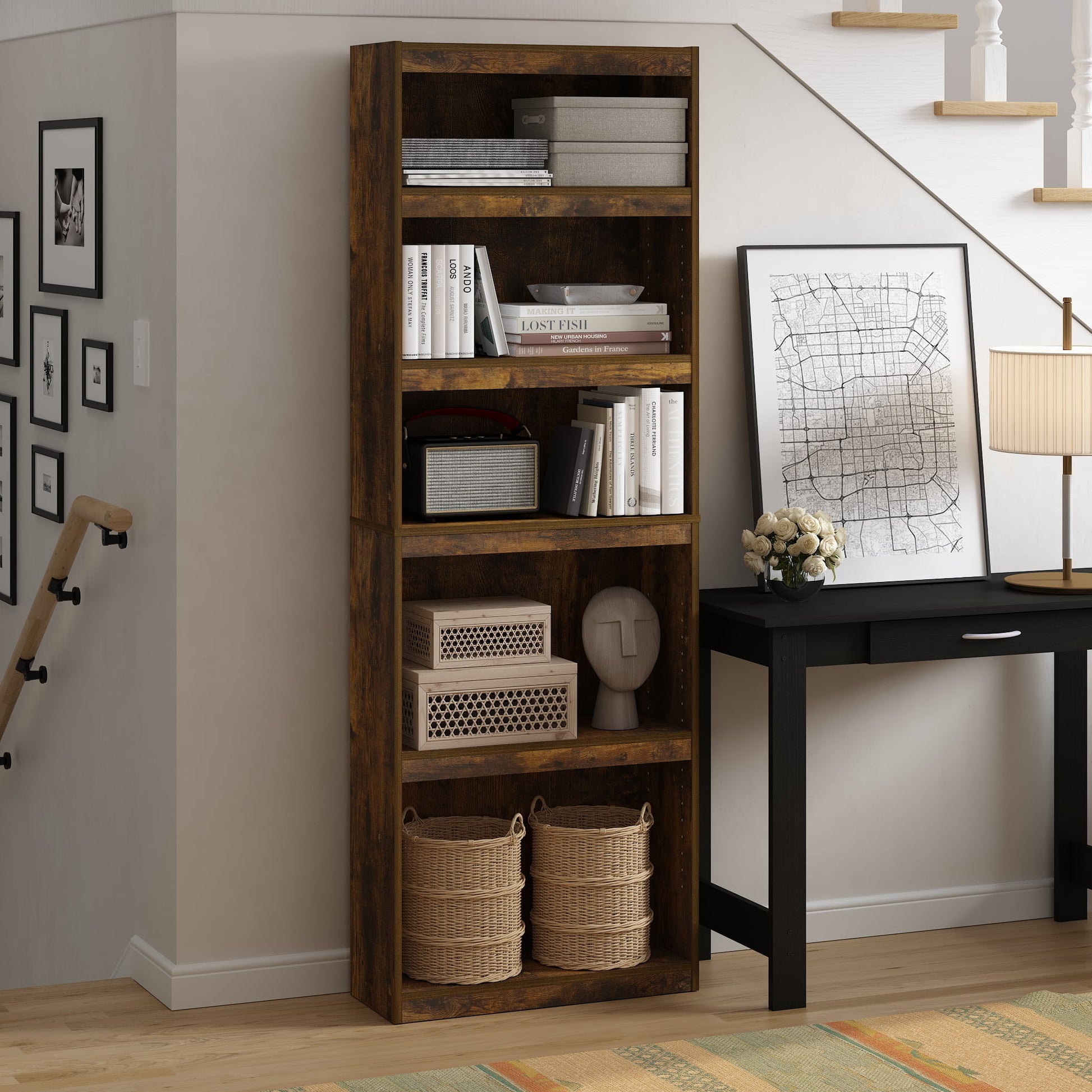 Furinno JAYA 5-Tier Bookshelf with AdJUSTable Shelves in Amber Oak